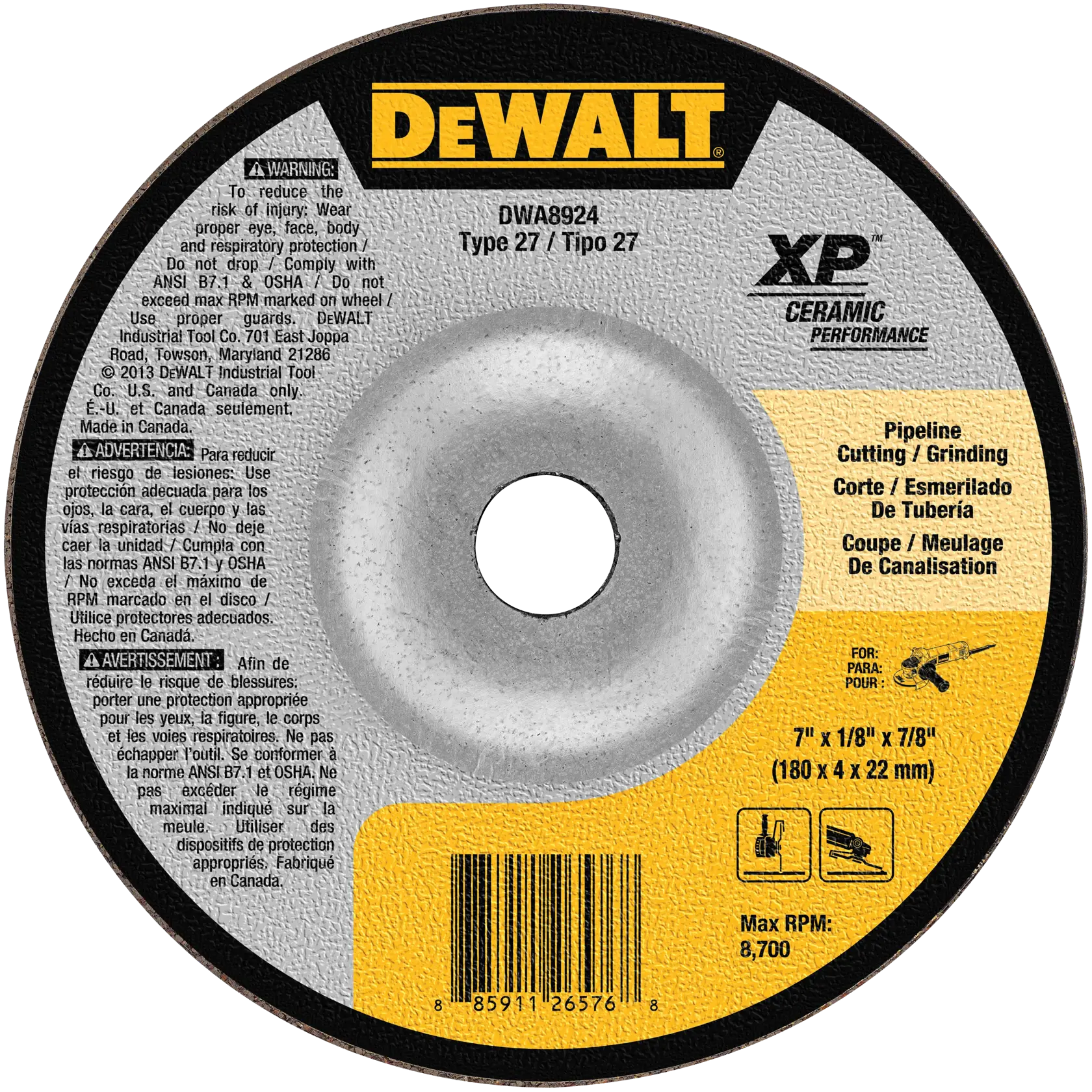DEWALT® XP™ 7-in. x 1/8-in. x 7/8-in. T27 Ceramic Pipeline Cutting & Grinding Wheel