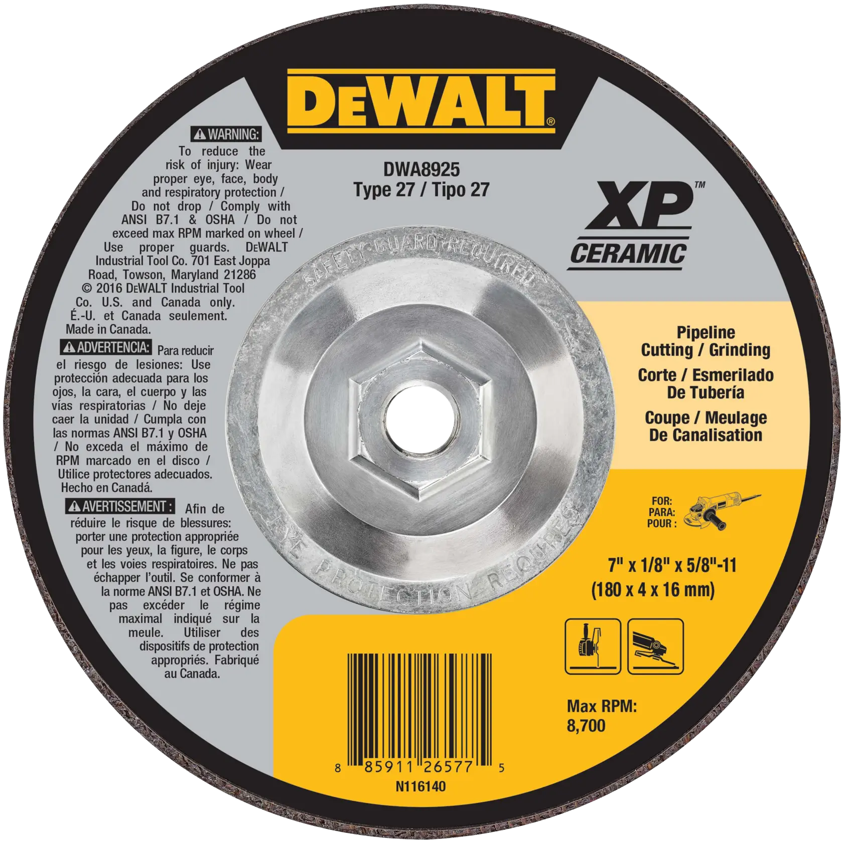DEWALT® XP™ 7-in. x 1/8-in. x 5/8-in.-11 T27 Ceramic Pipeline Cutting & Grinding Wheel