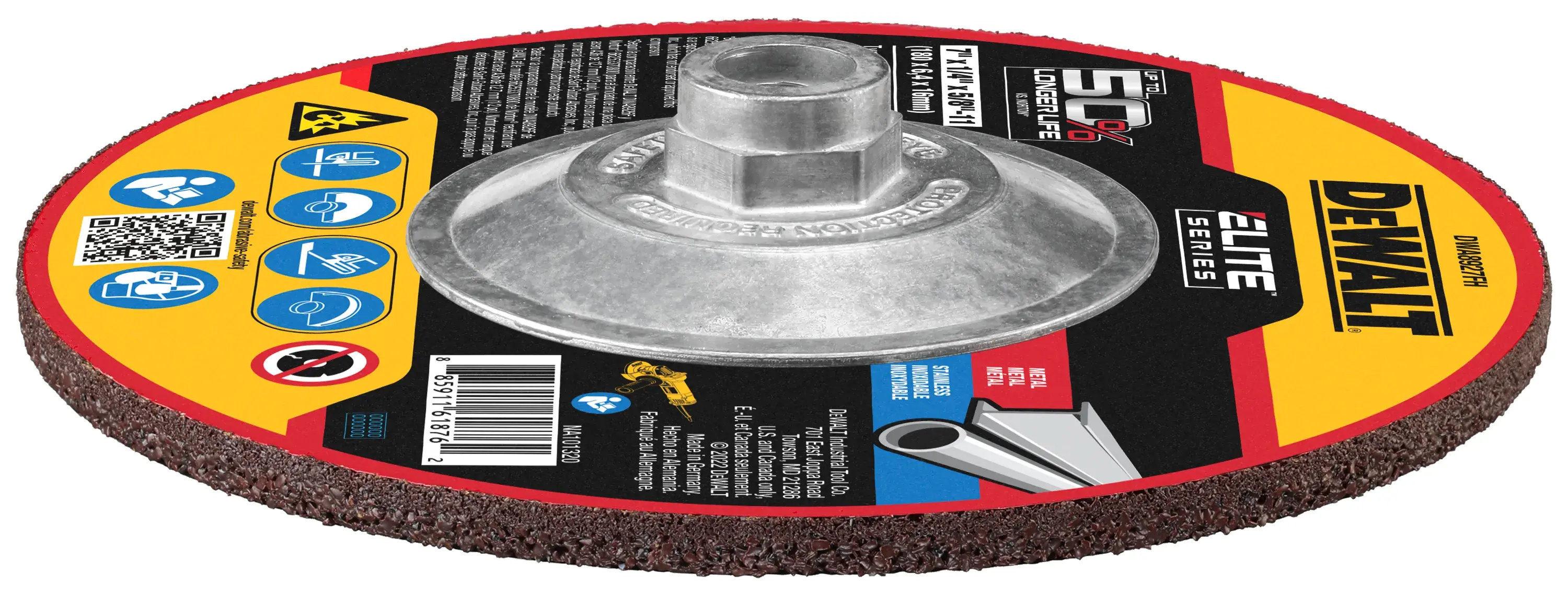 DEWALT ELITE SERIES Grinding wheel showing the thickness of wheel on its side