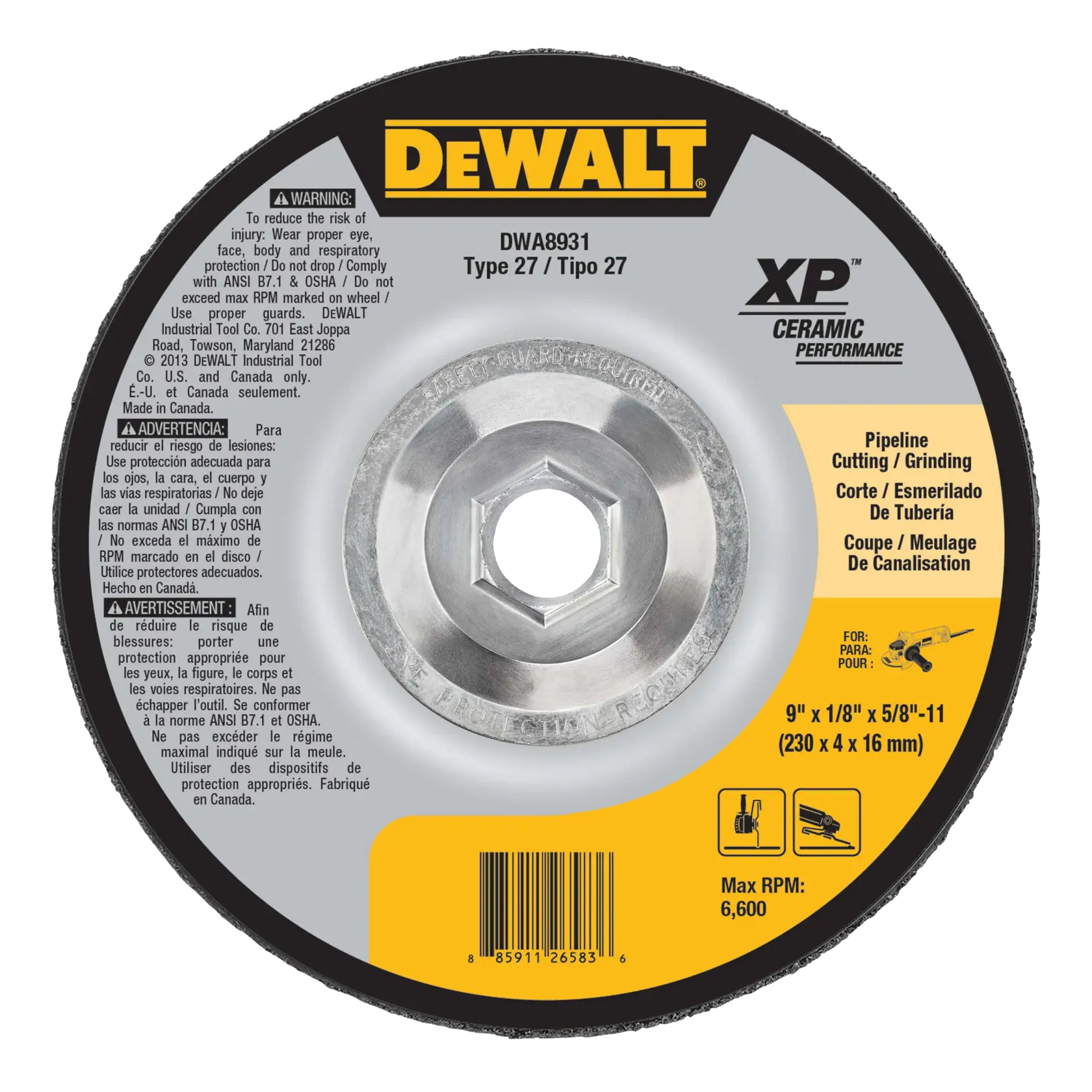 DEWALT® XP™ 9-in. x 1/8-in. x 5/8-in.-11 Ceramic Pipeline Cutting & Grinding Wheel