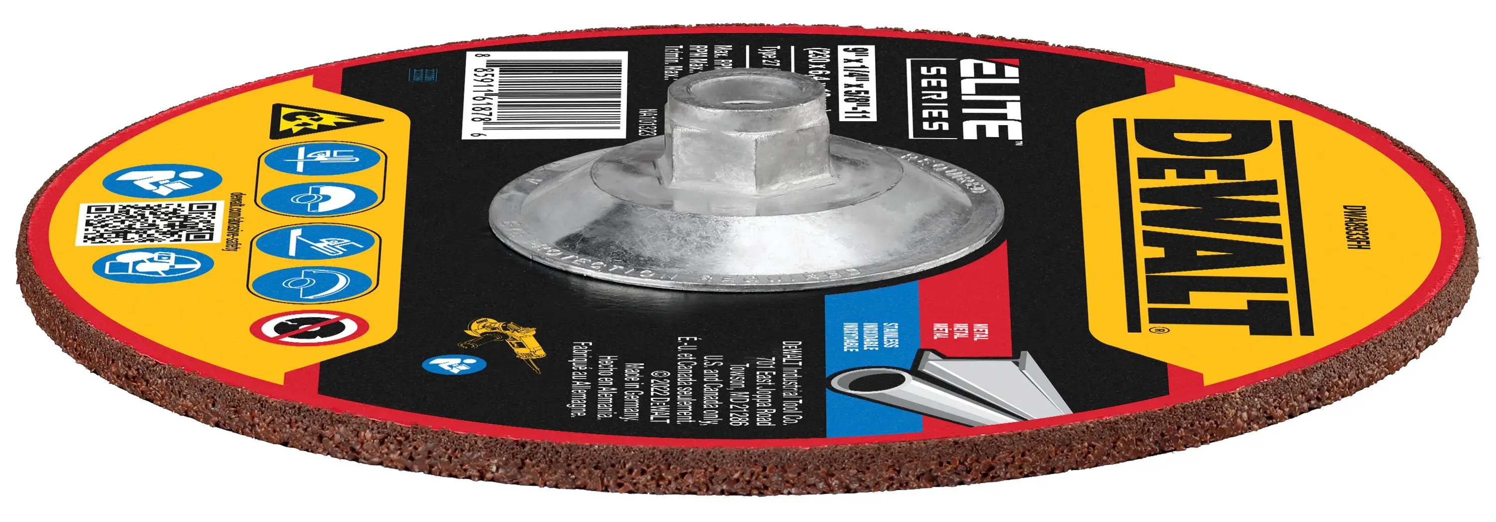 DEWALT ELITE SERIES Grinding wheel showing the thickness of wheel on its side