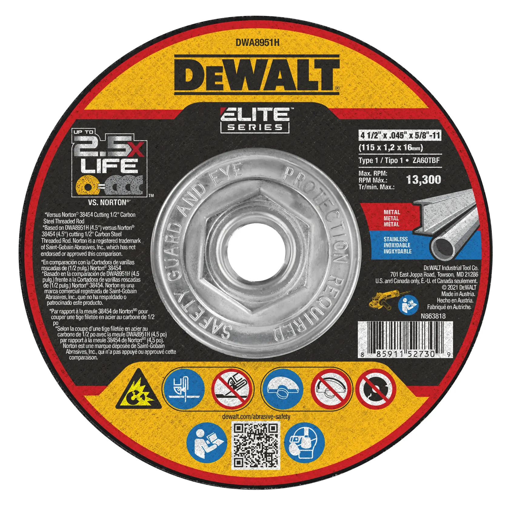 DEWALT® ELITE SERIES™ 4-1/2-in. x .045-in. x 5/8-in.-11 T1 Ceramic Cut-Off Wheel