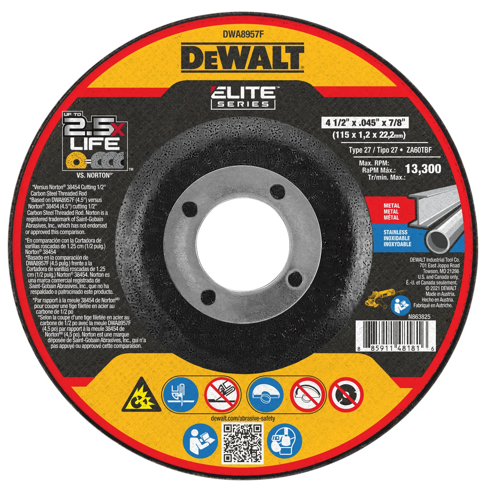 DEWALT® ELITE SERIES™ 4-1/2-in. x .045-in. x 7/8-in. T27 Ceramic Cut-Off Wheel