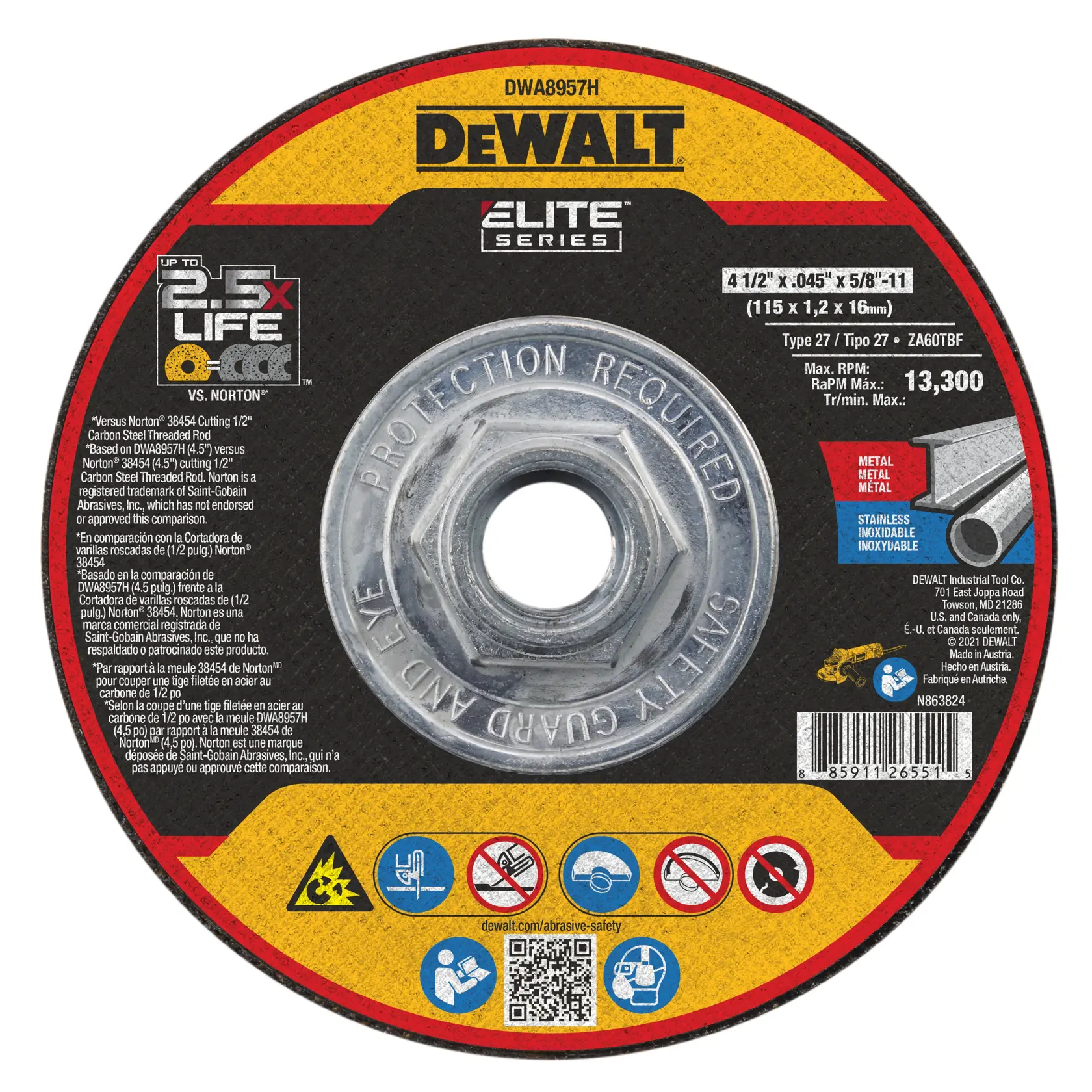 DEWALT® ELITE SERIES™ 4-1/2-in. x .045-in. x 5/8-in.-11 T27 Ceramic Cut-Off Wheel