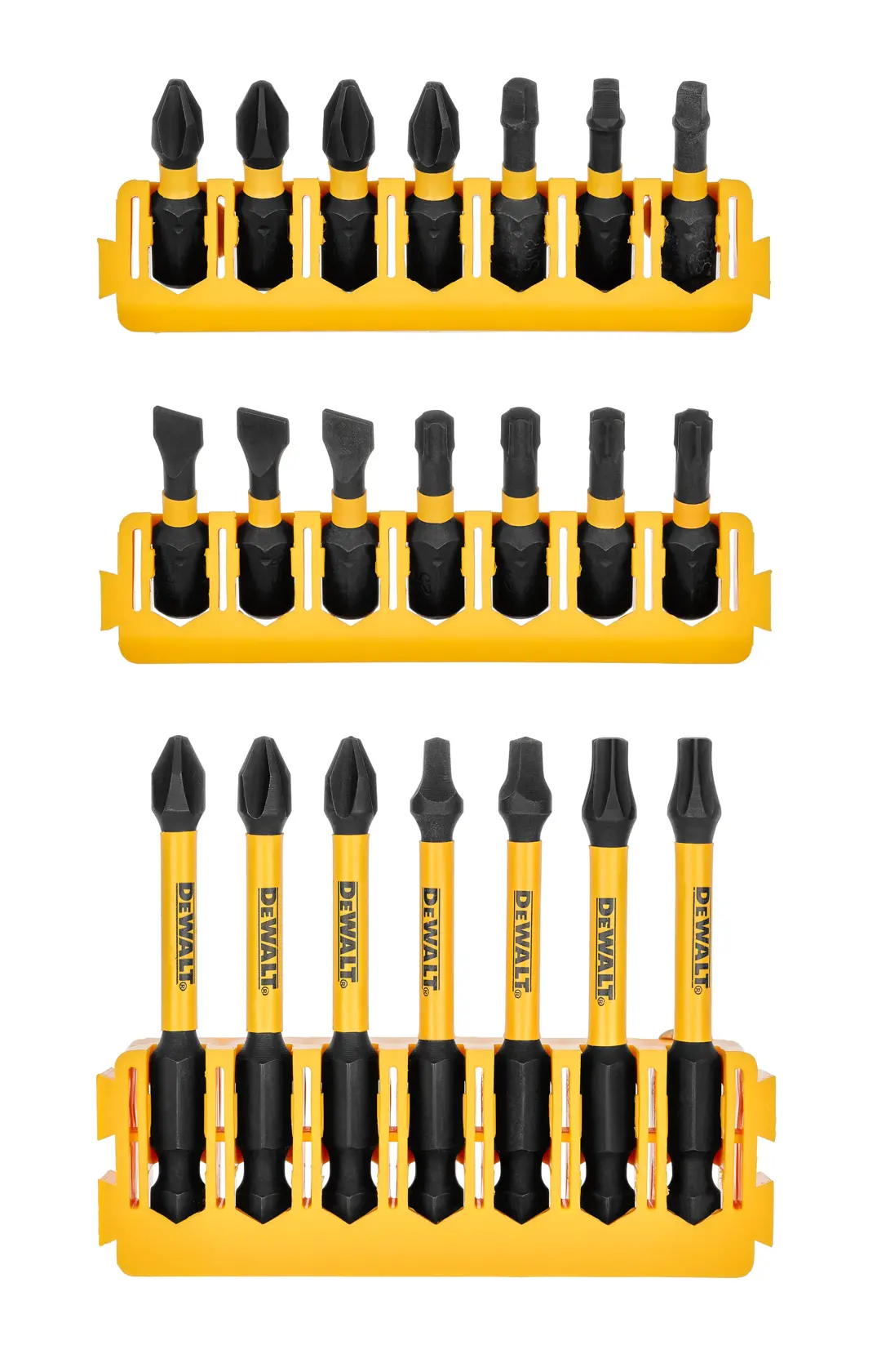 A set of DEWALT assorted screwdriver bits in three yellow plastic holders, featuring various types of heads including Philips, flat, and Torx.