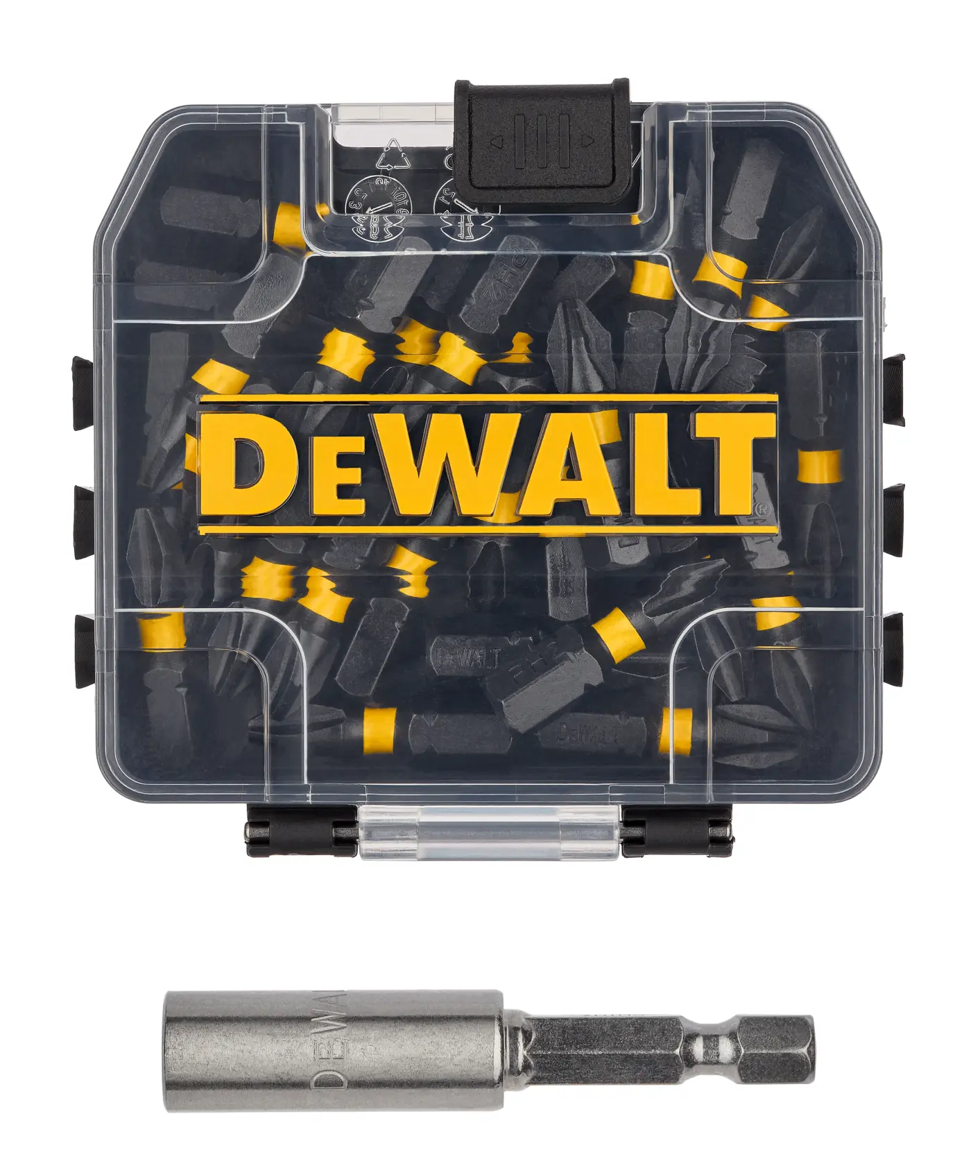 A DEWALT branded clear plastic case containing various screwdriver bits with yellow bands, shown above a single metal drill bit.