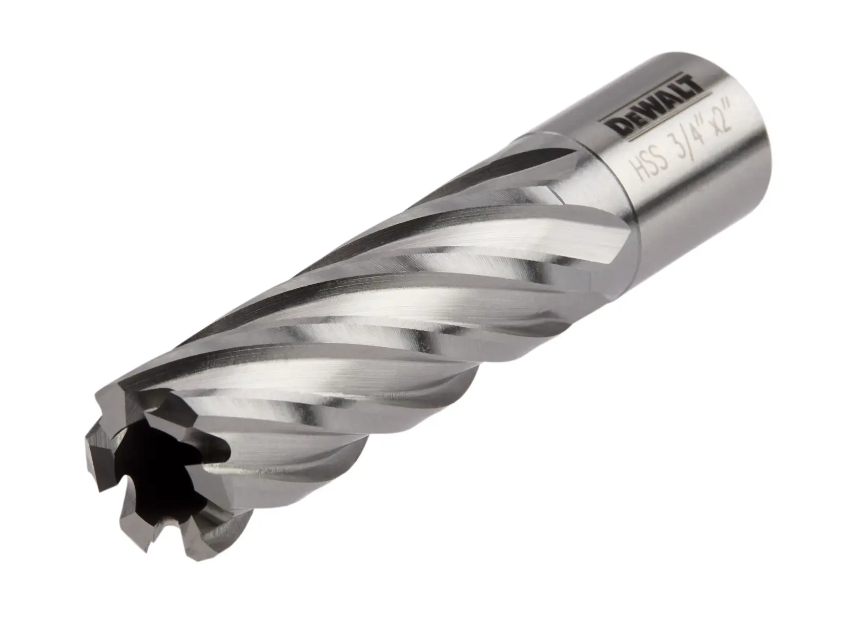 Close up of 3 quarter by 2 inch high speed steel annular cutter.