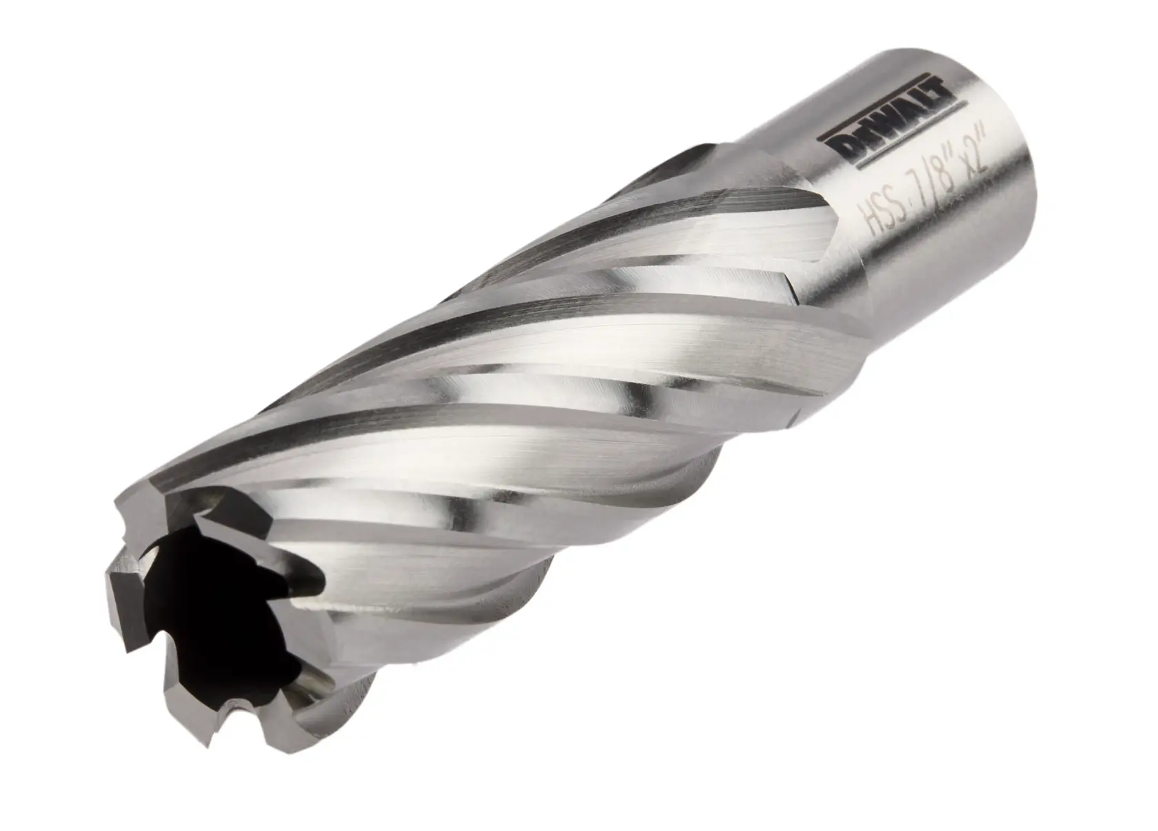 Side view of 7 eighths by 2 inch high speed steel annular cutter.