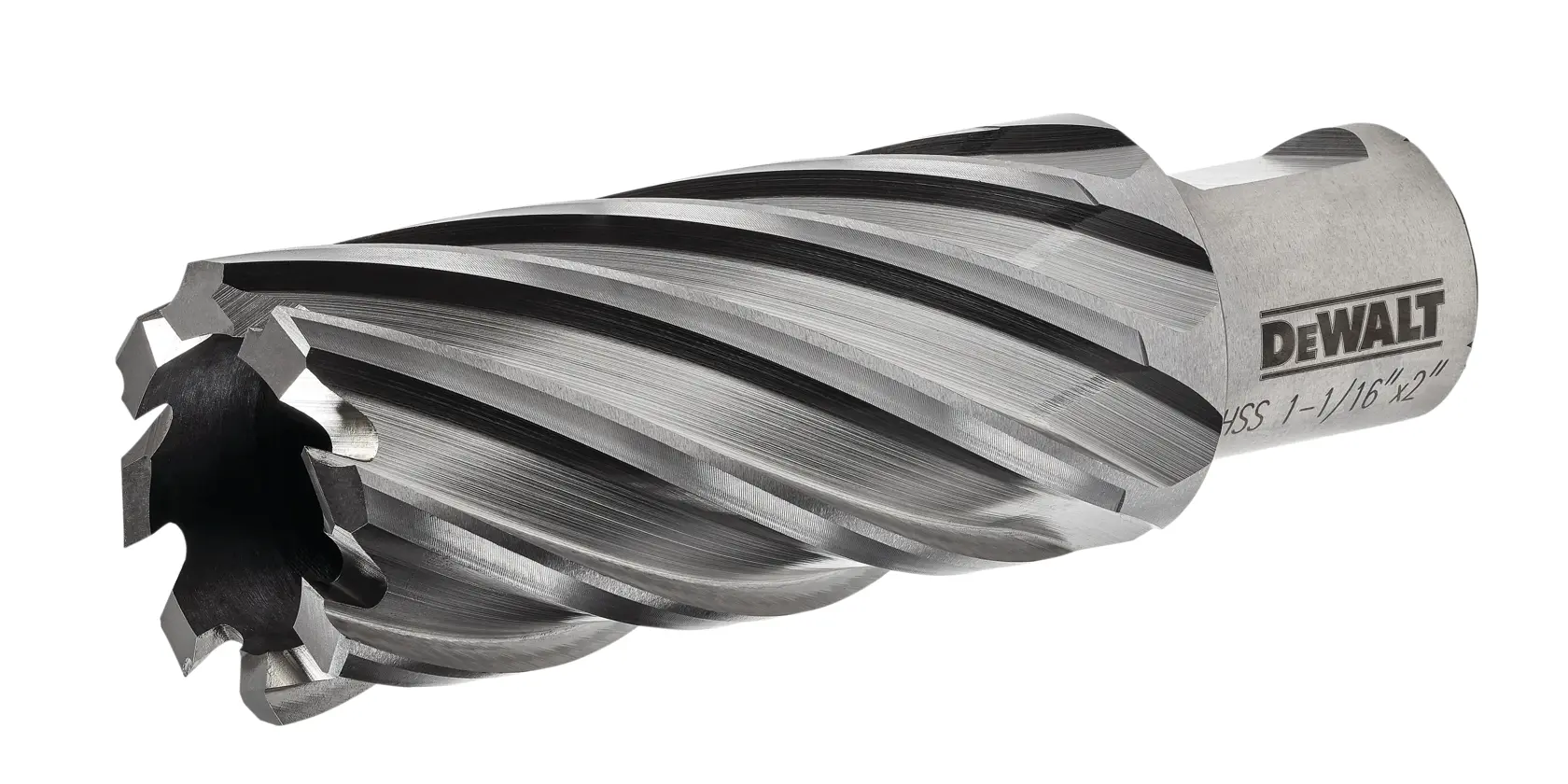 Side view of 1 and 1 sixteenths by 2 inch high speed steel annular cutter.