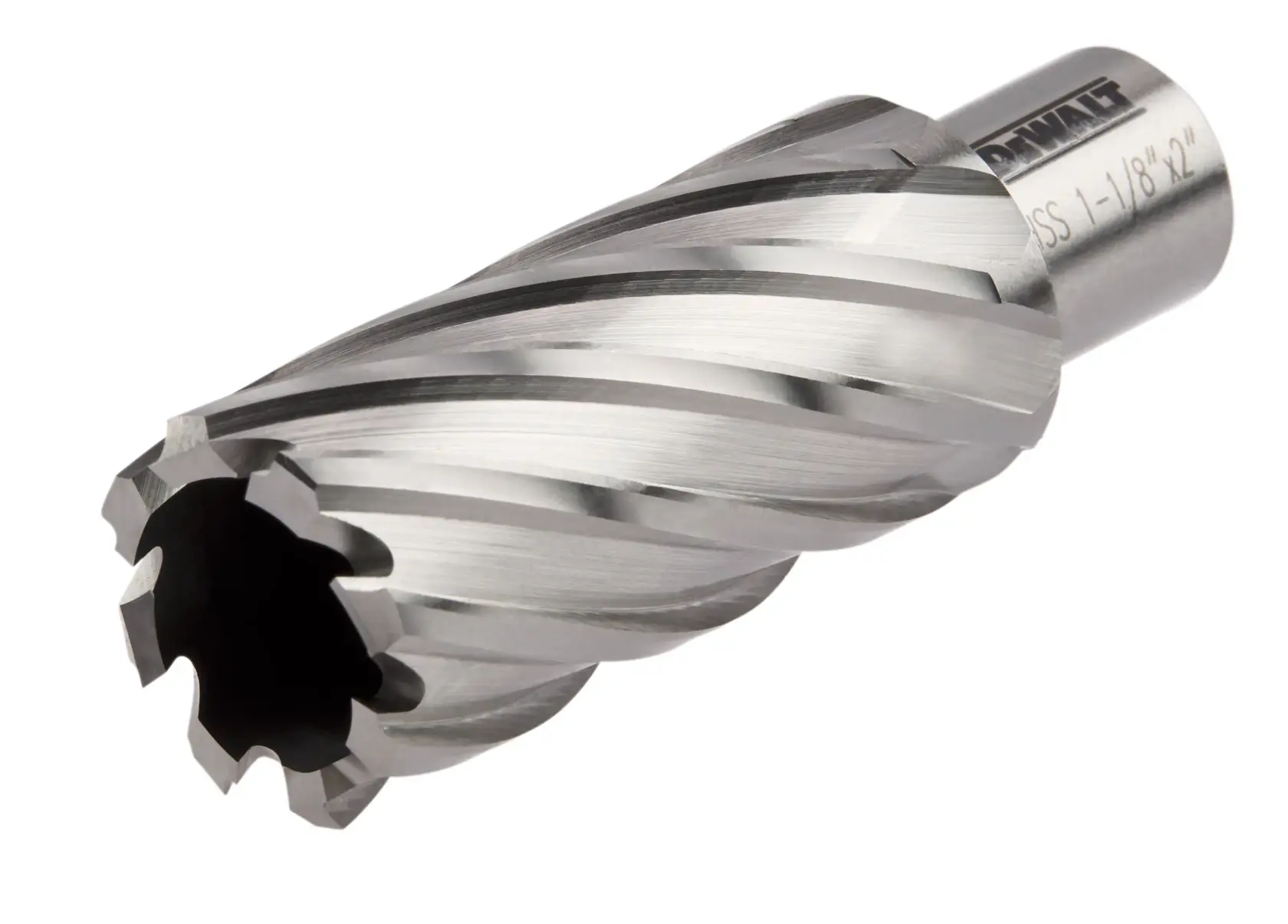 Side view of 1 and 1 eighth by 2 inch high speed steel annular cutter.