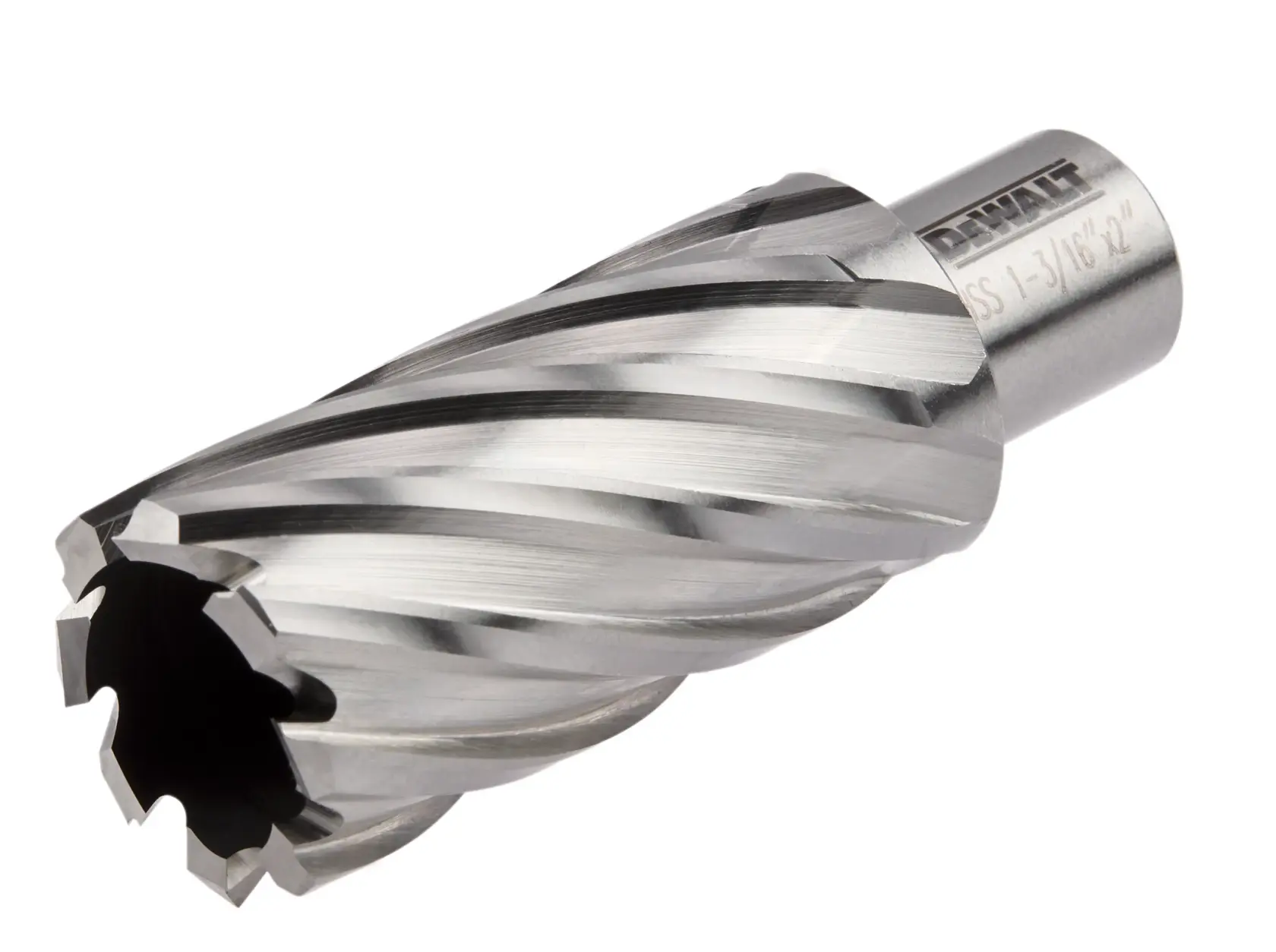 Side view of 1 and 3 sixteenths by 2 inch high speed steel annular cutter.