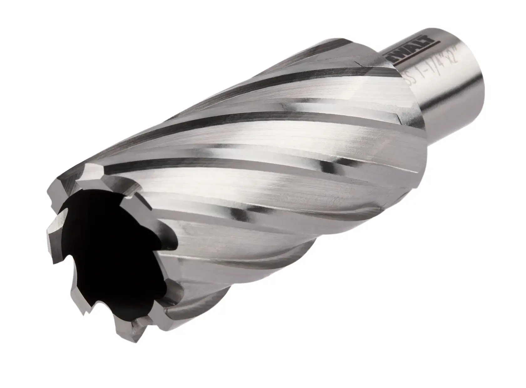 Side view of 1 and quarter by 2 inch high speed steel annular cutter.