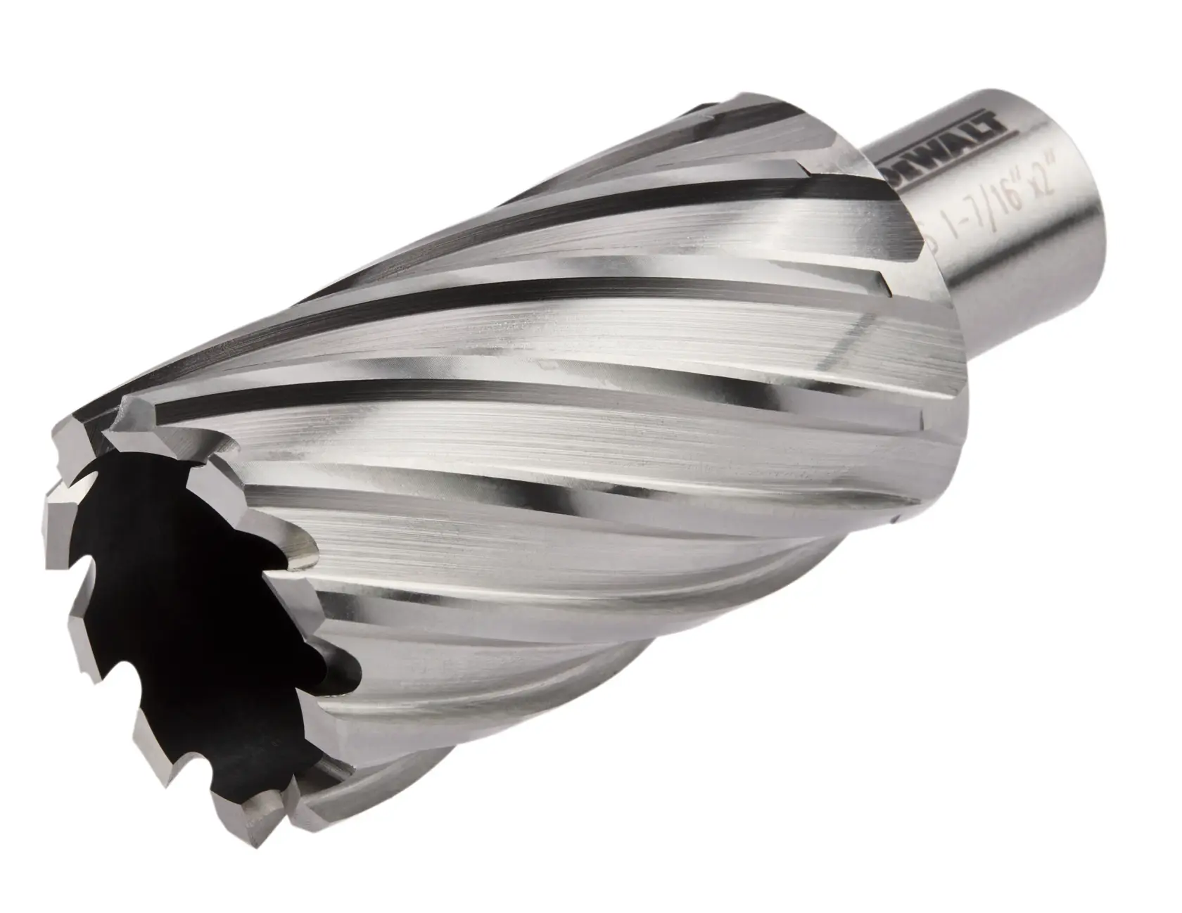 Side view of 1 and 7 sixteenths by 2 inch high speed steel annular cutter.