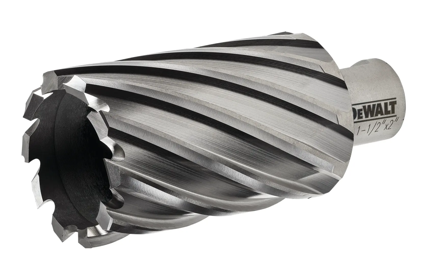 Close up of 1 and half by 2 inch high speed steel annular cutter.