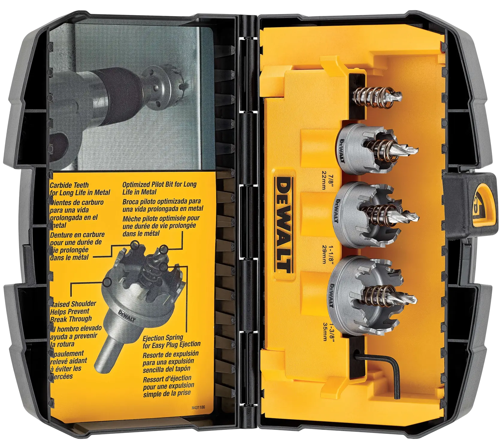 A DEWALT hole saw kit in a black and yellow plastic case, with three metal hole saws and a hex key on the right, and illustrated instructions for use and features printed inside the left cover.