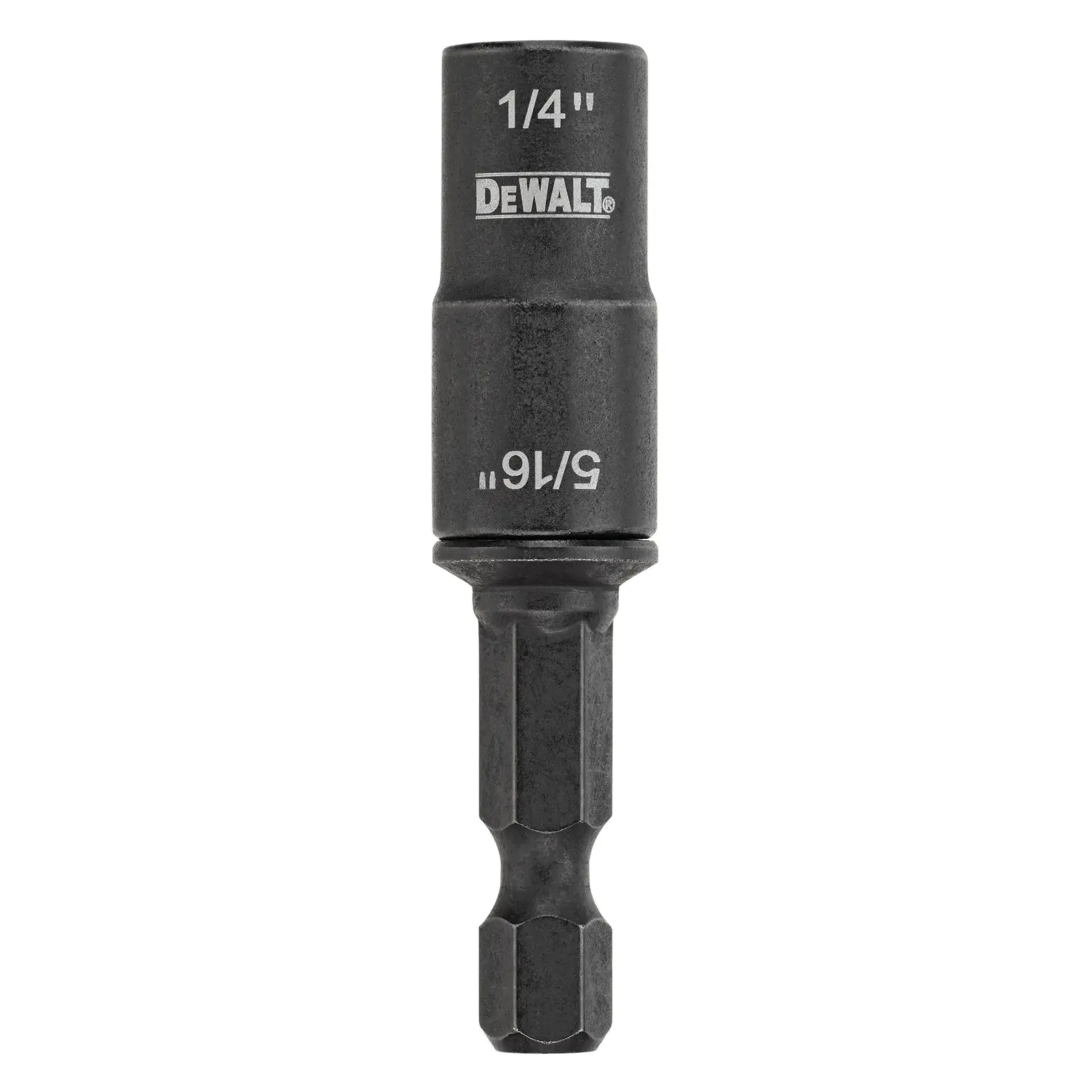 A DEWALT branded black metal drill bit adapter with a hex shank, labeled 1/4 inch and 5/16 inch.