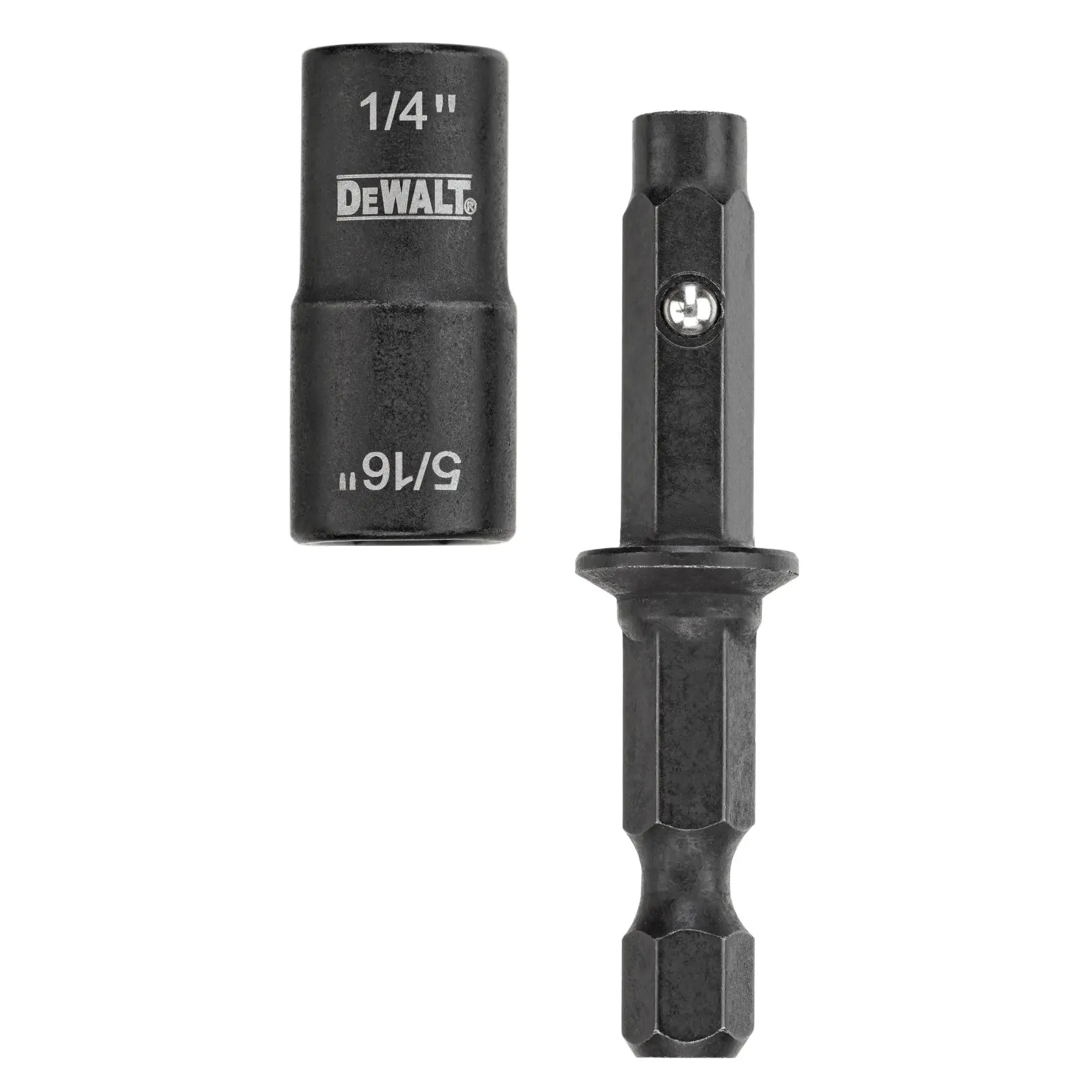 A close-up image of two DEWALT impact ready nut driver bits. The left bit is labeled 1/4“ and 5/16“, and both are made of black metal with hexagonal bases for use with power tools.