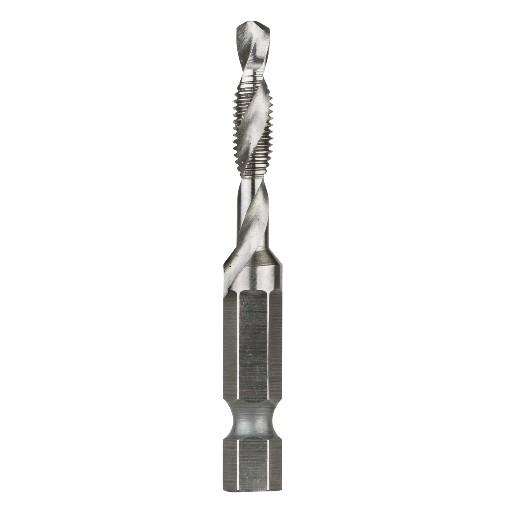 A close-up image of a DEWALT metal spiral screw tap drill bit with a hexagonal shank, designed for creating threads inside holes, isolated on a white background.