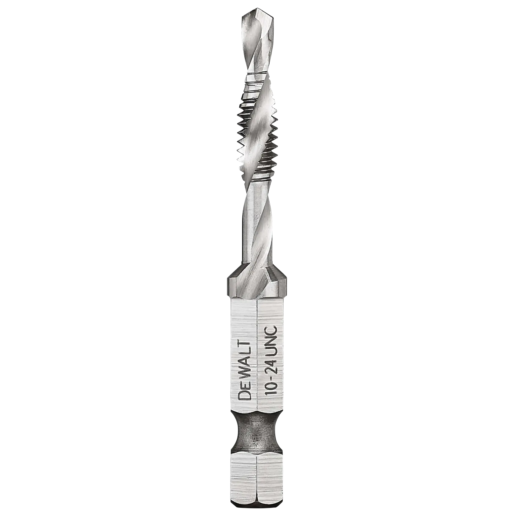 A DEWALT 10-24 UNC drill and tap bit made of metal, designed for drilling and tapping threads in one step. The bit has spiraled flutes and a hex shank.