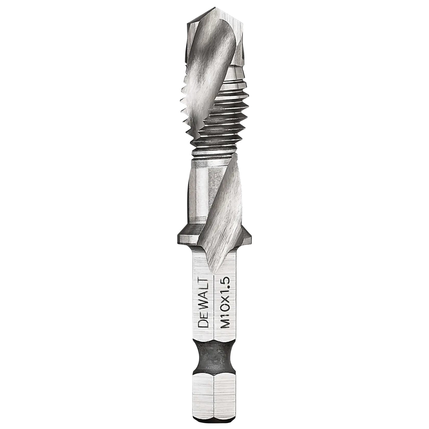 A DEWALT hex shank tap drill bit, size M10 x 1.5, used for drilling and threading holes in materials.