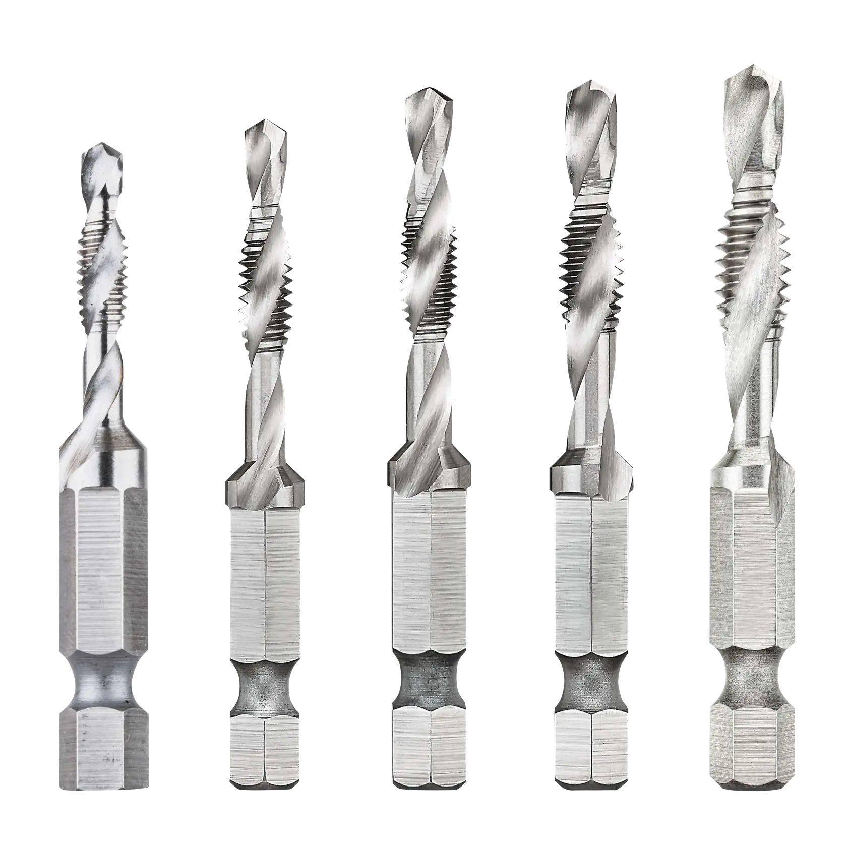 Profile of 5 Pieces DRILL TAP SET one quarter inch CAPACITY.