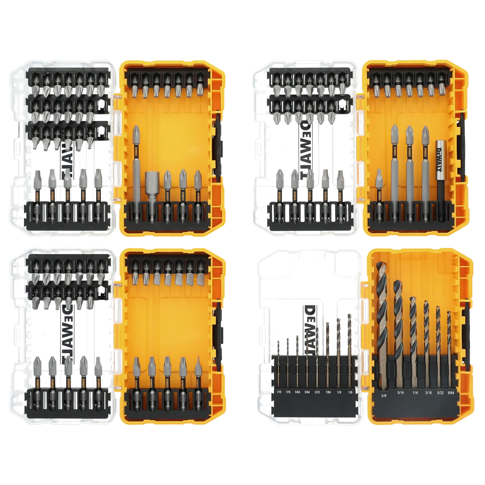 Four DEWALT branded yellow and clear storage cases filled with a variety of drill bits and screwdriver bits. Each case is open to display its contents, which include multiple precision and standard bits organized in rows.