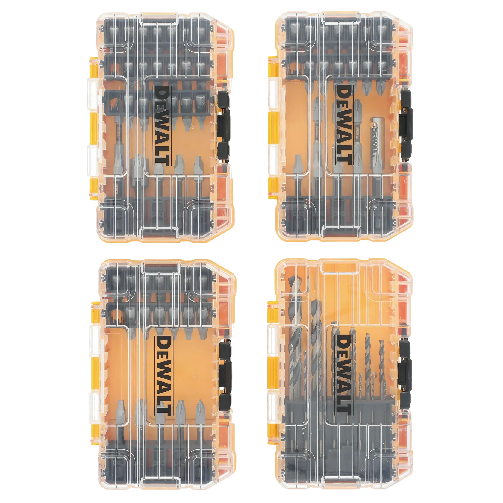 Four DEWALT tool bit storage cases arranged in a grid, each case is transparent with yellow and black accents and contains various drill and screwdriver bits.