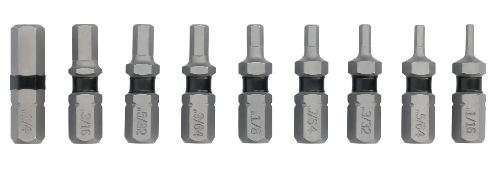 A set of nine DEWALT hex screwdriver bits of various sizes, arranged in a row. Each bit is marked with its size and has a metallic finish.