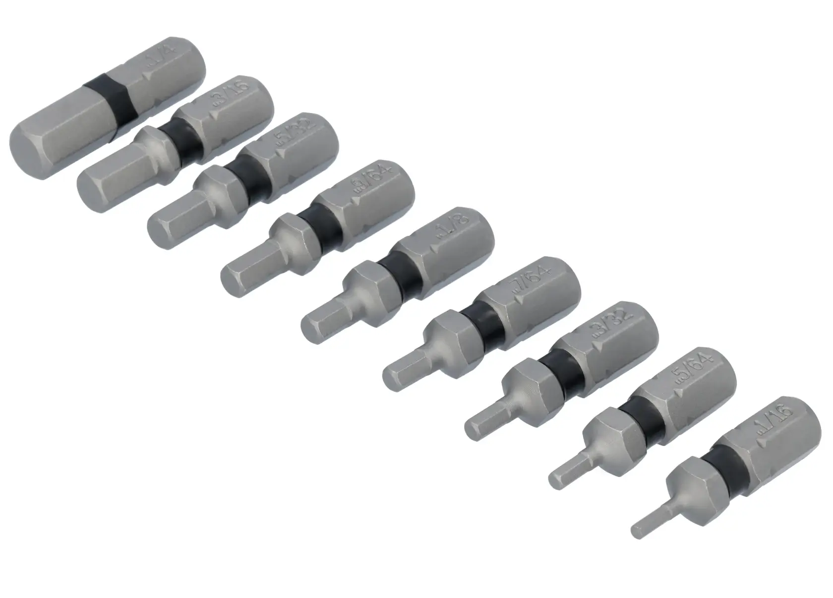 A set of eight DEWALT hex shank screwdriver bits arranged in two staggered rows, suitable for use with power tools.