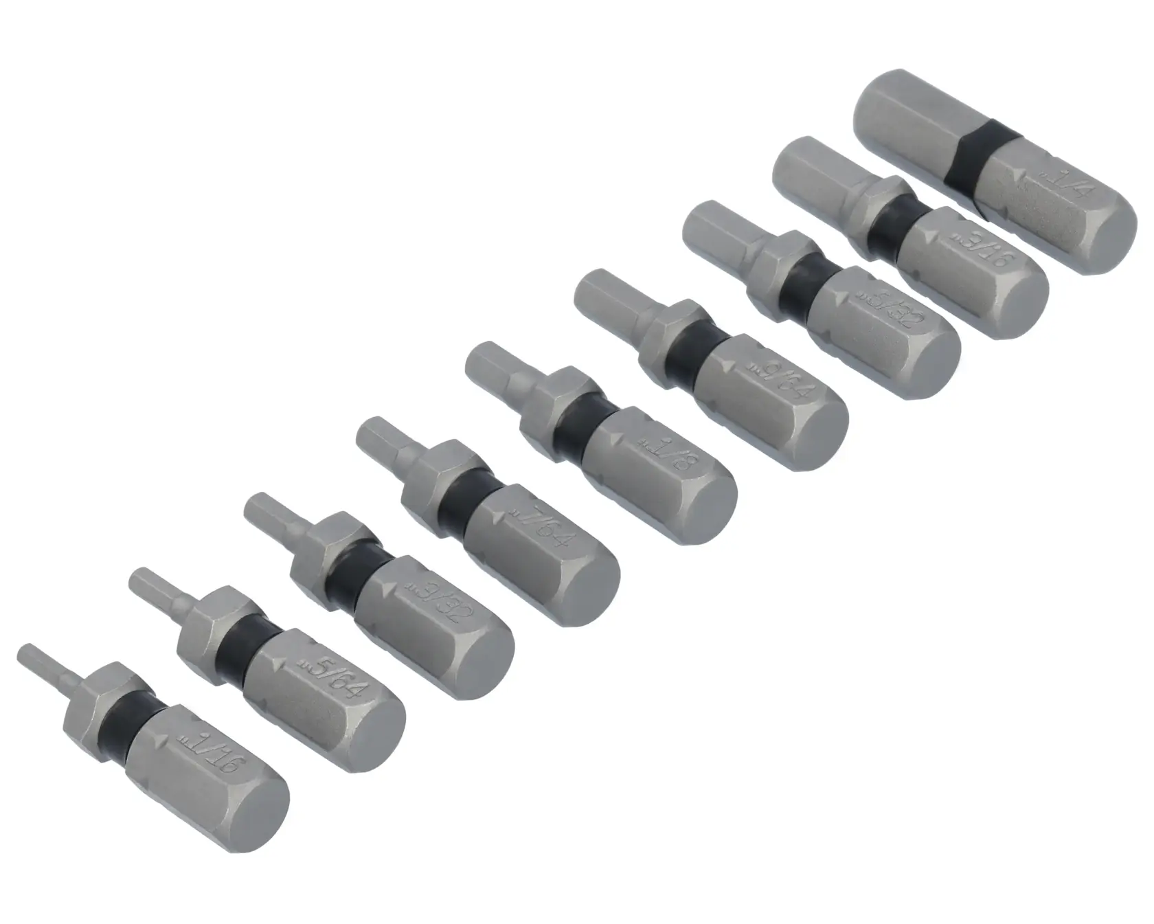 A set of eight hexagonal drill bits, each labelled with its size, arranged in a row on a white background. The bits have a metallic finish and black ring near the base.