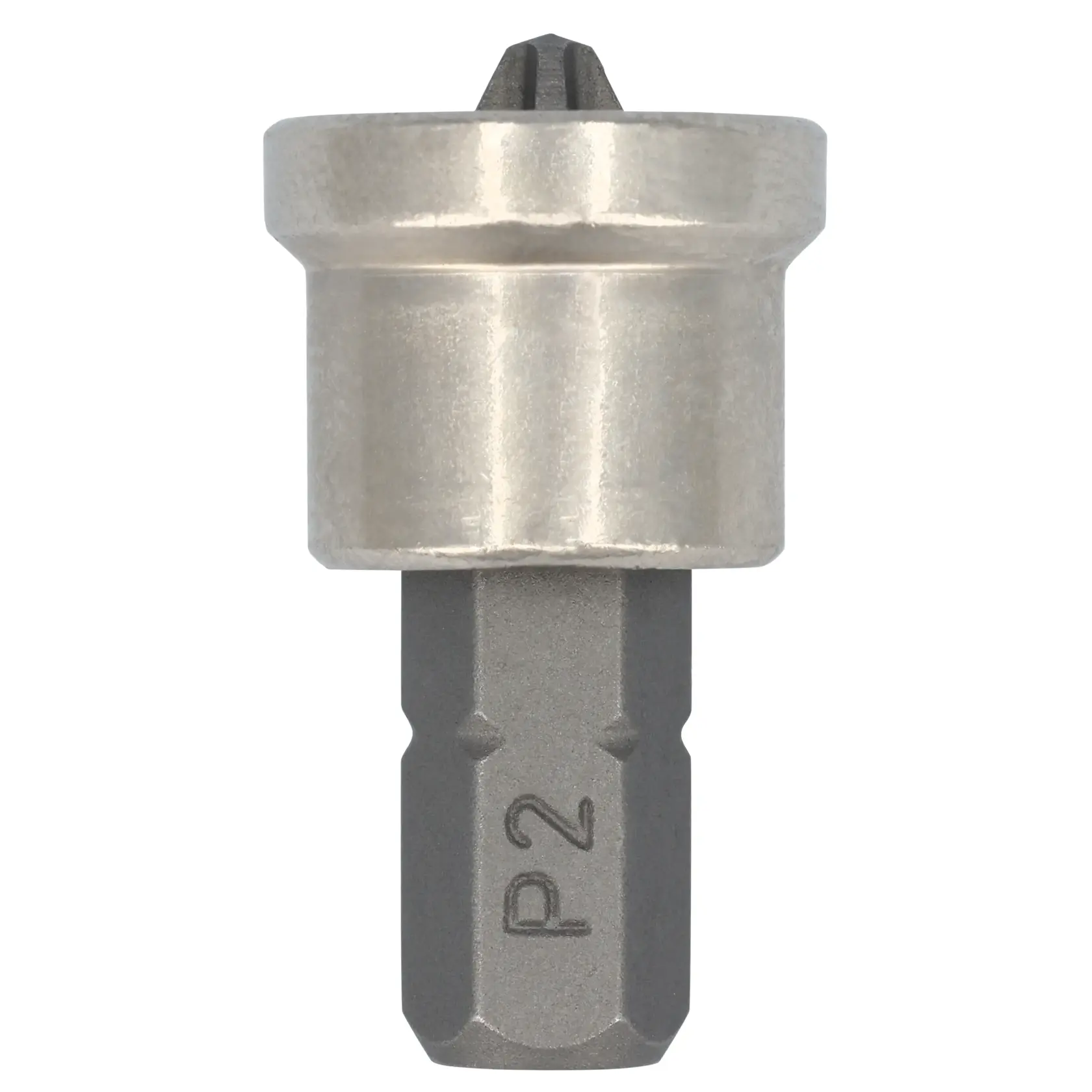 Close-up image of a DEWALT Phillips screwdriver bit with a silver-colored metal holder and a gray shaft marked P2.