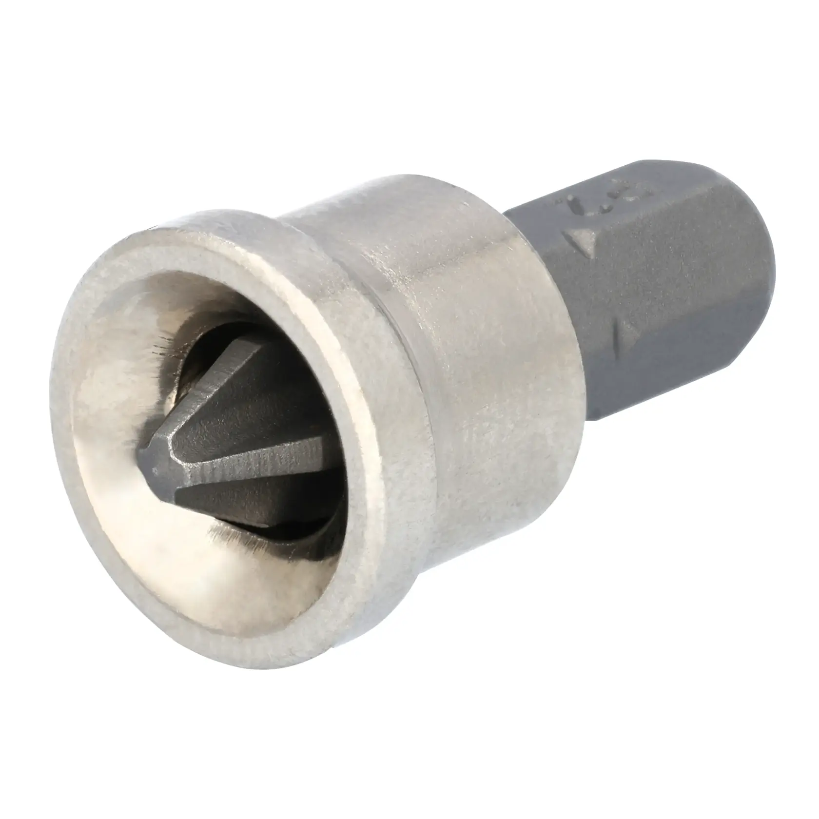 Close-up view of a DEWALT metal deburring tool bit designed for use with screwdrivers or drills.