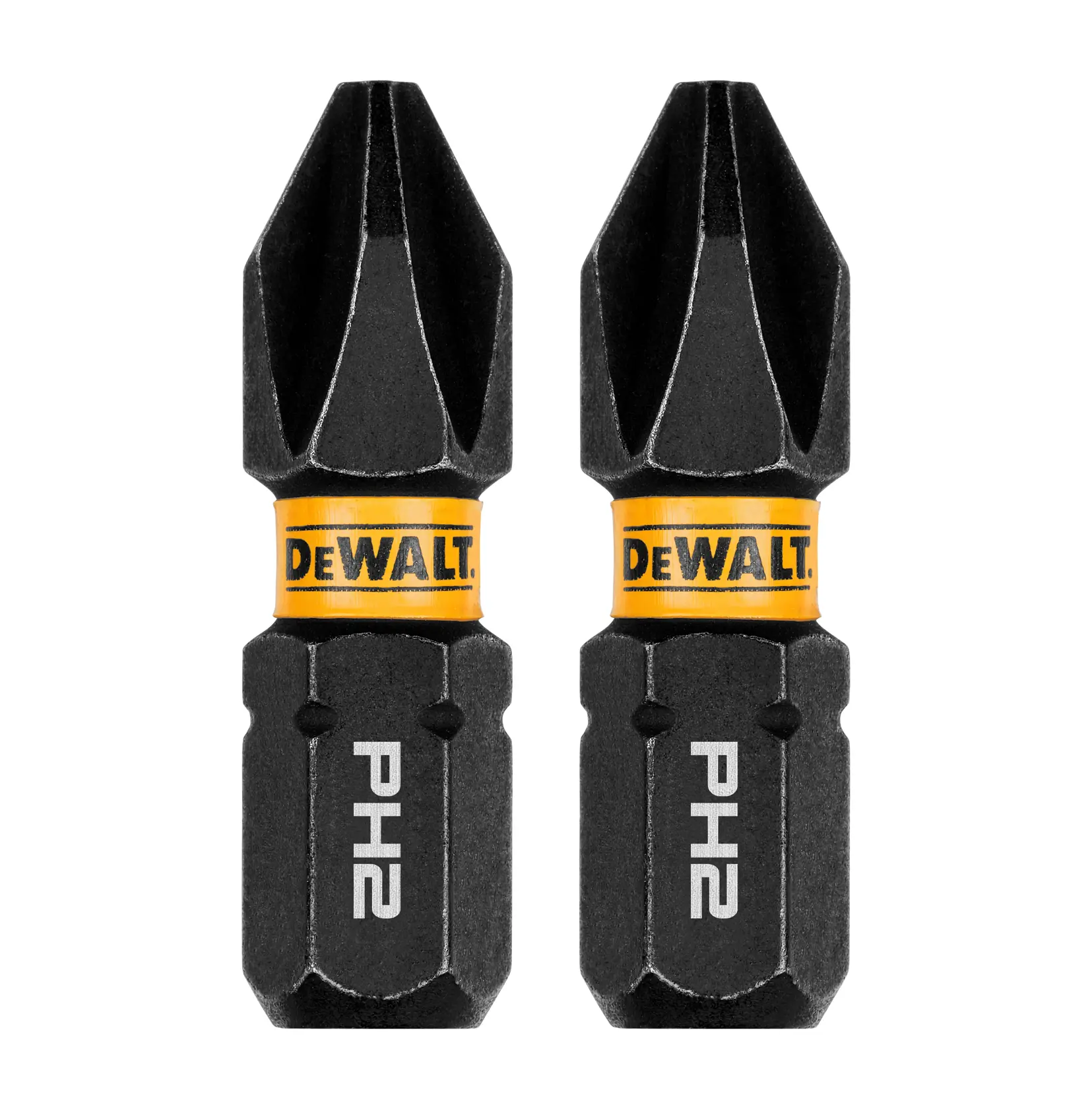 Close-up image of two DEWALT PH2 screwdriver bits, black with yellow DEWALT branding and 'PH2' marked on the side.