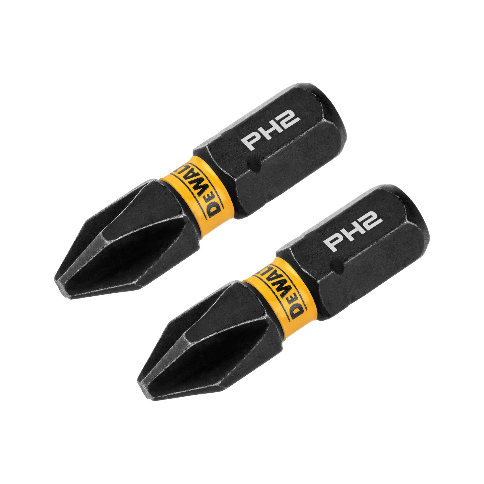 Two DEWALT PH2 impact rated screwdriver bits with a black and yellow design, showing the DEWALT brand name and PH2 size marking.