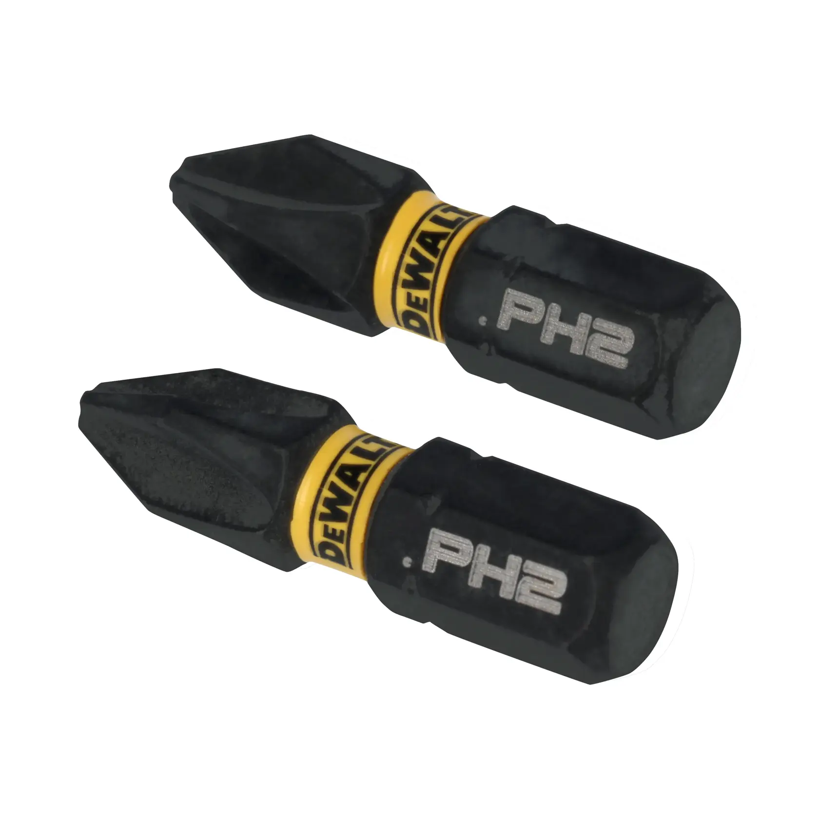 Two DEWALT PH2 screwdriver bits, black with yellow branding and PH2 marking, designed for use with power tools.
