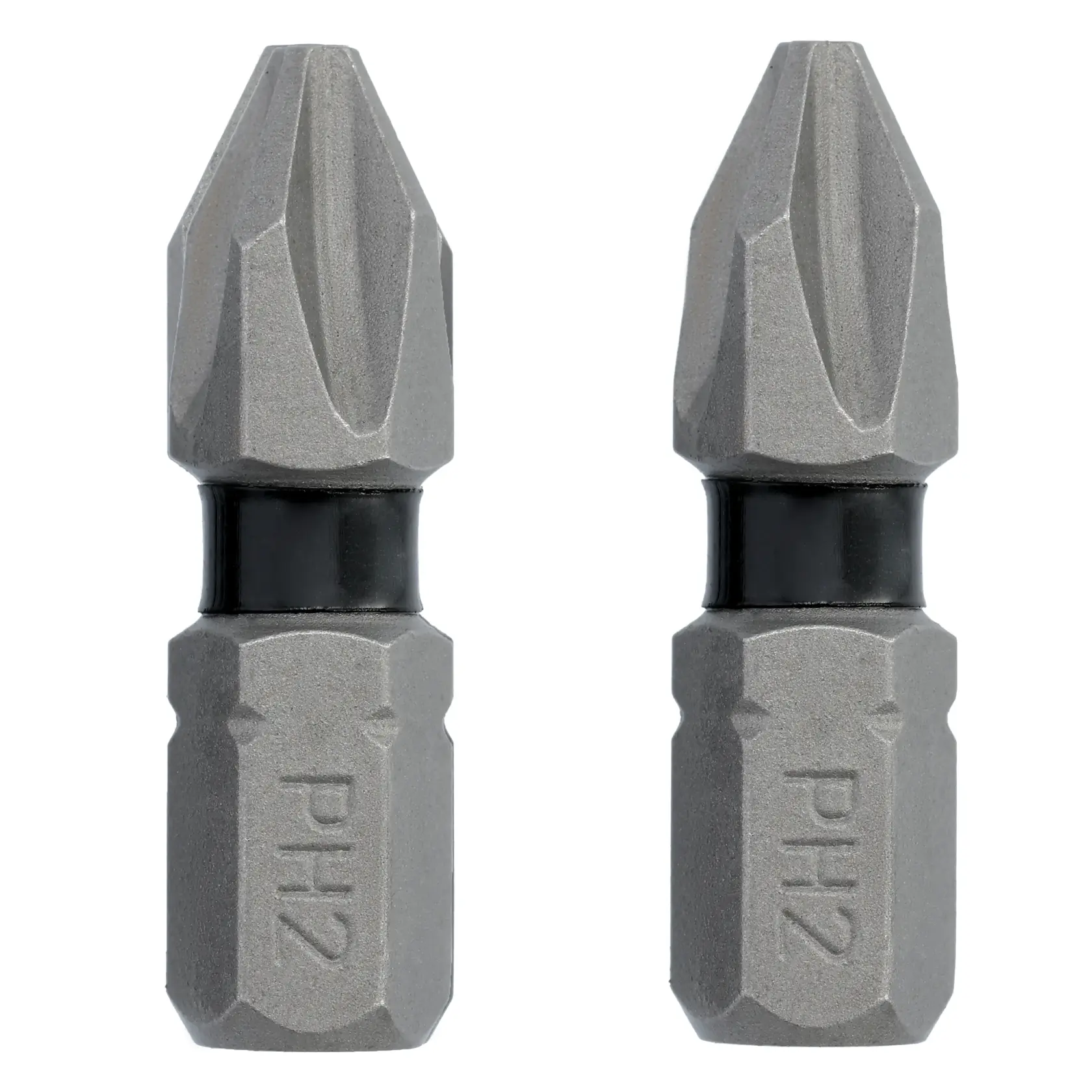 Two DEWALT PH2 screwdriver bits are shown side by side. The bits are gray with black rings near the center and have a hexagonal base. The PH2 marking is visible on each bit.