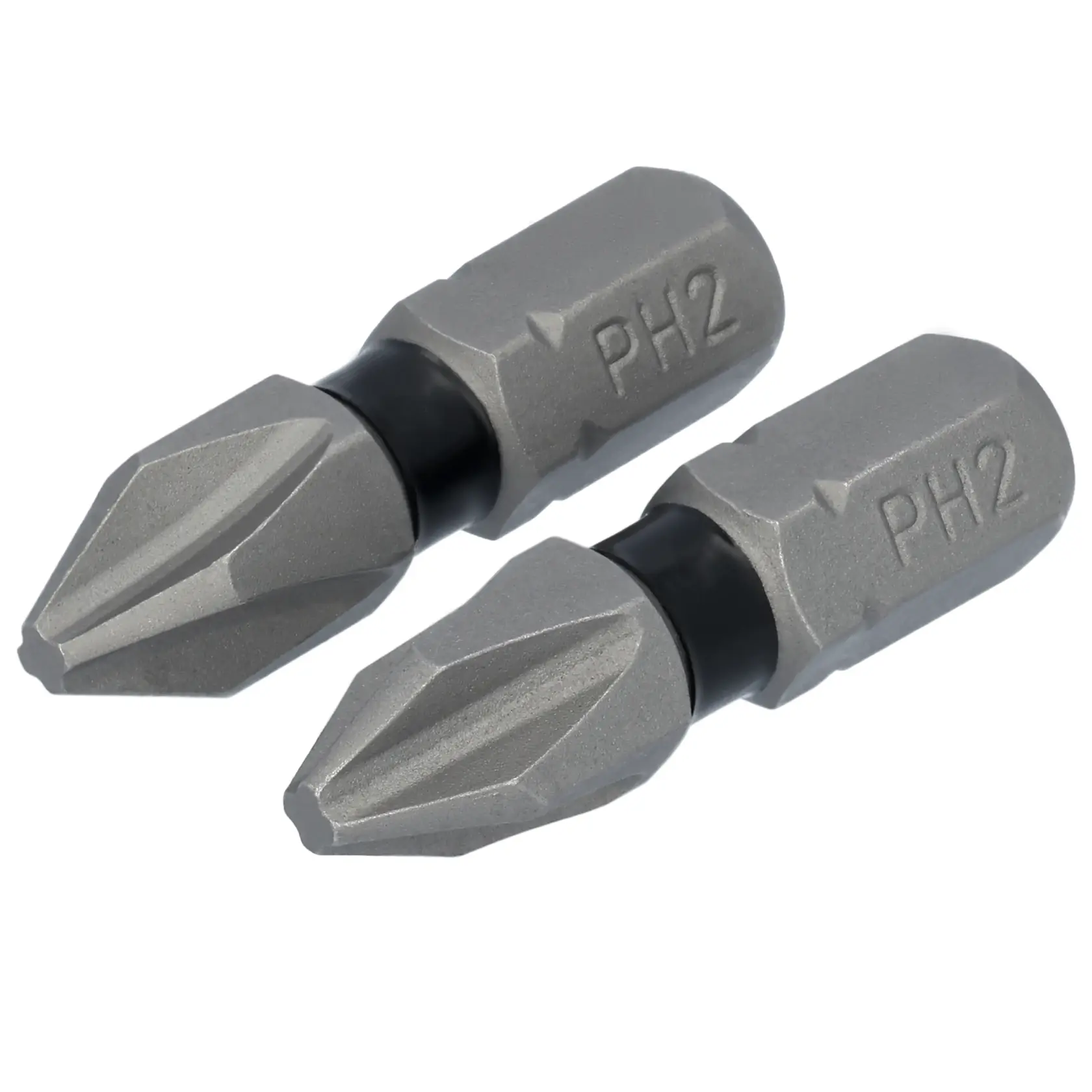 Close-up image of two DEWALT PH2 screwdriver bits, silver-colored with black ring and PH2 marking engraved on the side.
