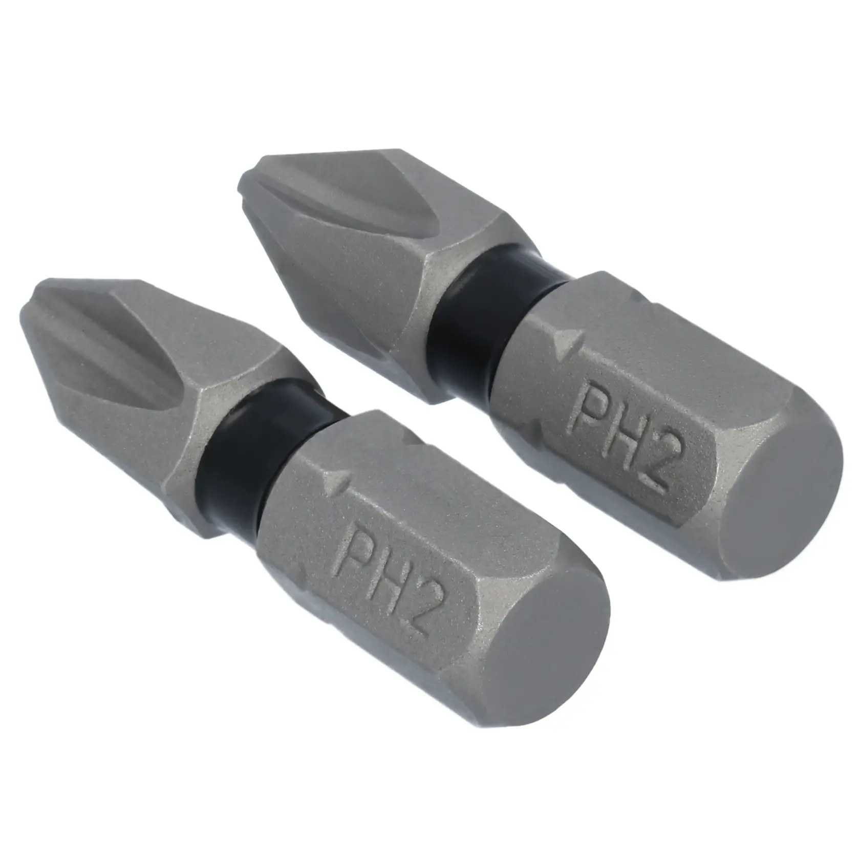 Two DEWALT PH2 screwdriver bits made of metal, placed side by side on a white background. The bits are short, with a black band near the base and 'PH2' engraved on each.