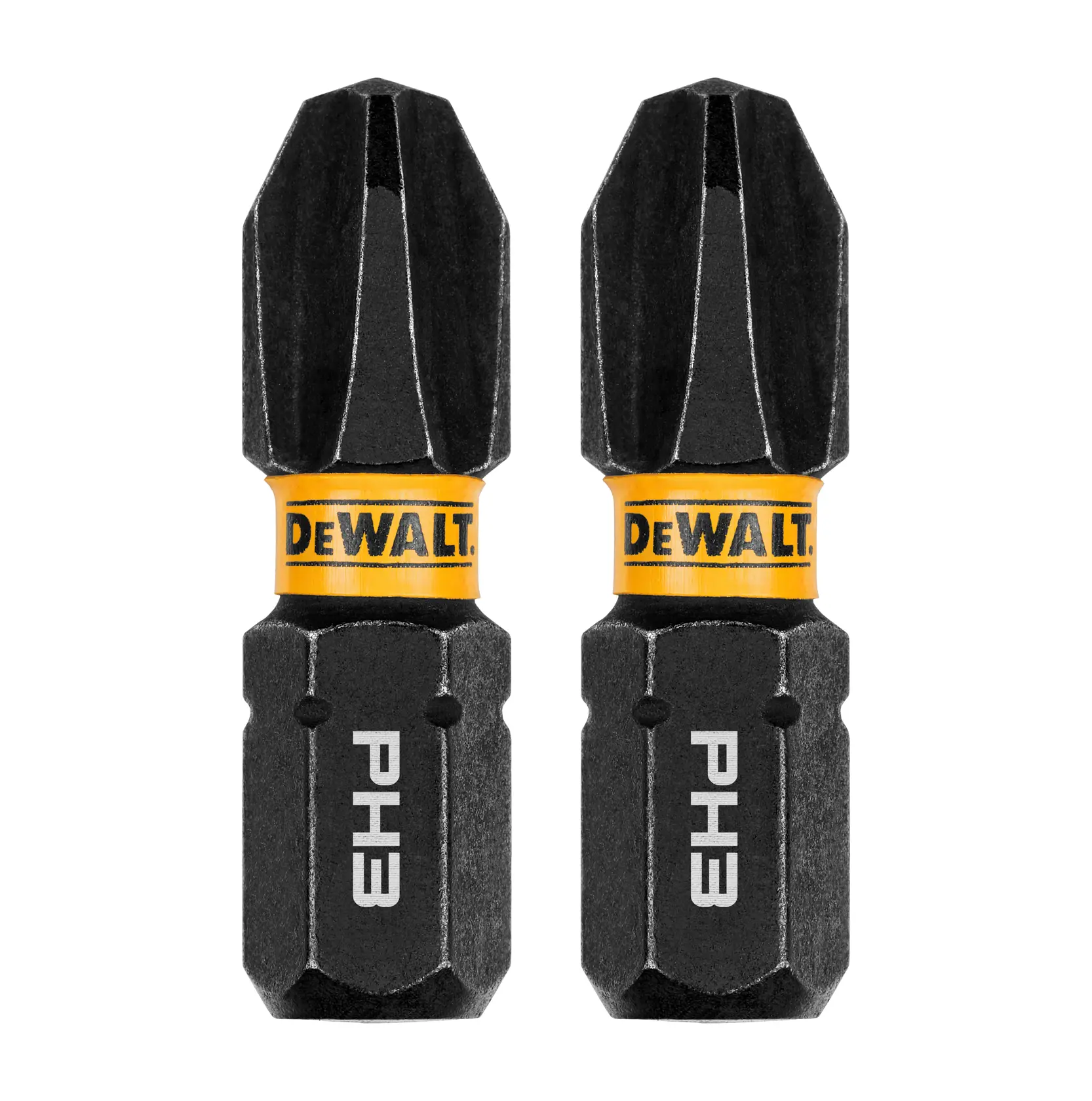 Two DEWALT branded black PH3 screwdriver bits with yellow rings and bold white lettering, shown side by side on a white background.