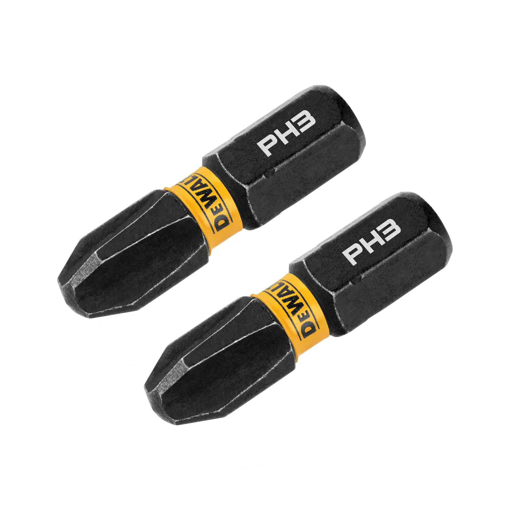 Two DEWALT PH3 screwdriver bits with black and yellow bands, displayed side by side on a white background.