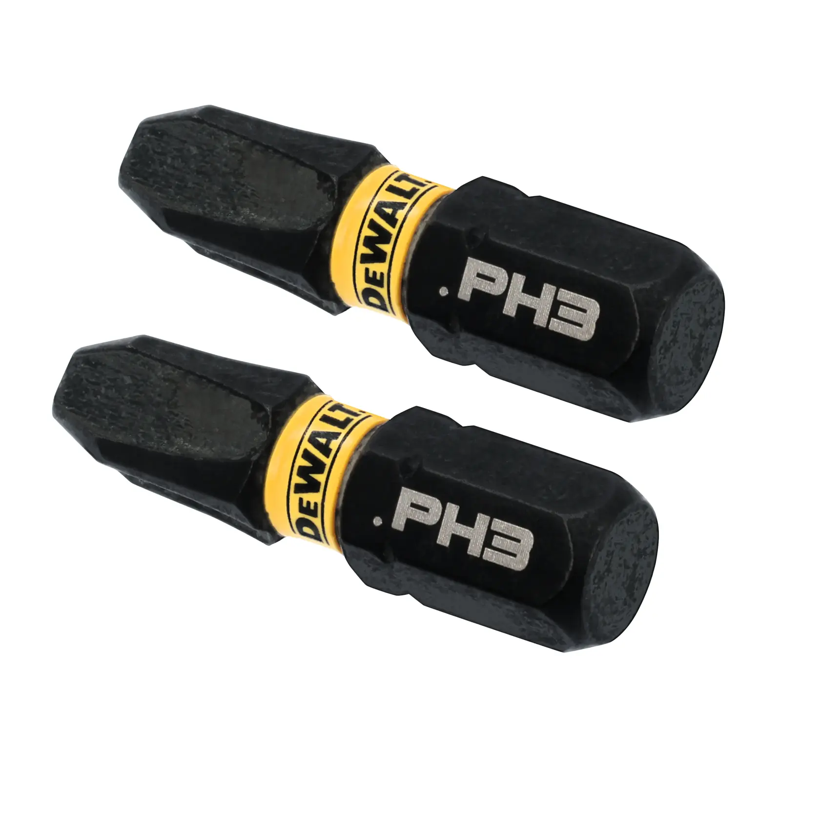 Two DEWALT brand PH3 impact driver bits, black in color, with yellow and black DEWALT branding bands, shown on a white background.