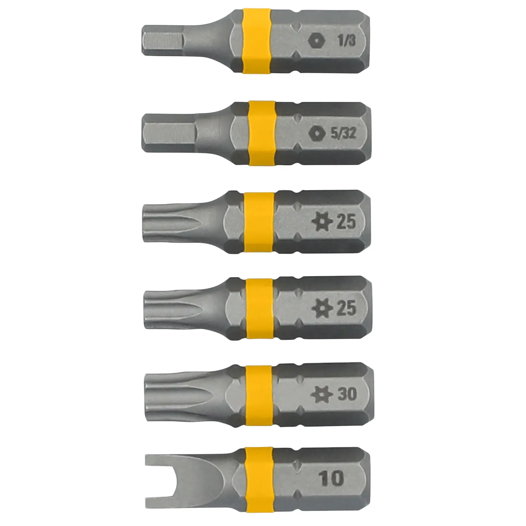A set of six DEWALT screwdriver bits with various tip shapes and sizes. Each bit is gray with a yellow ring near the center and size markings engraved on the side.