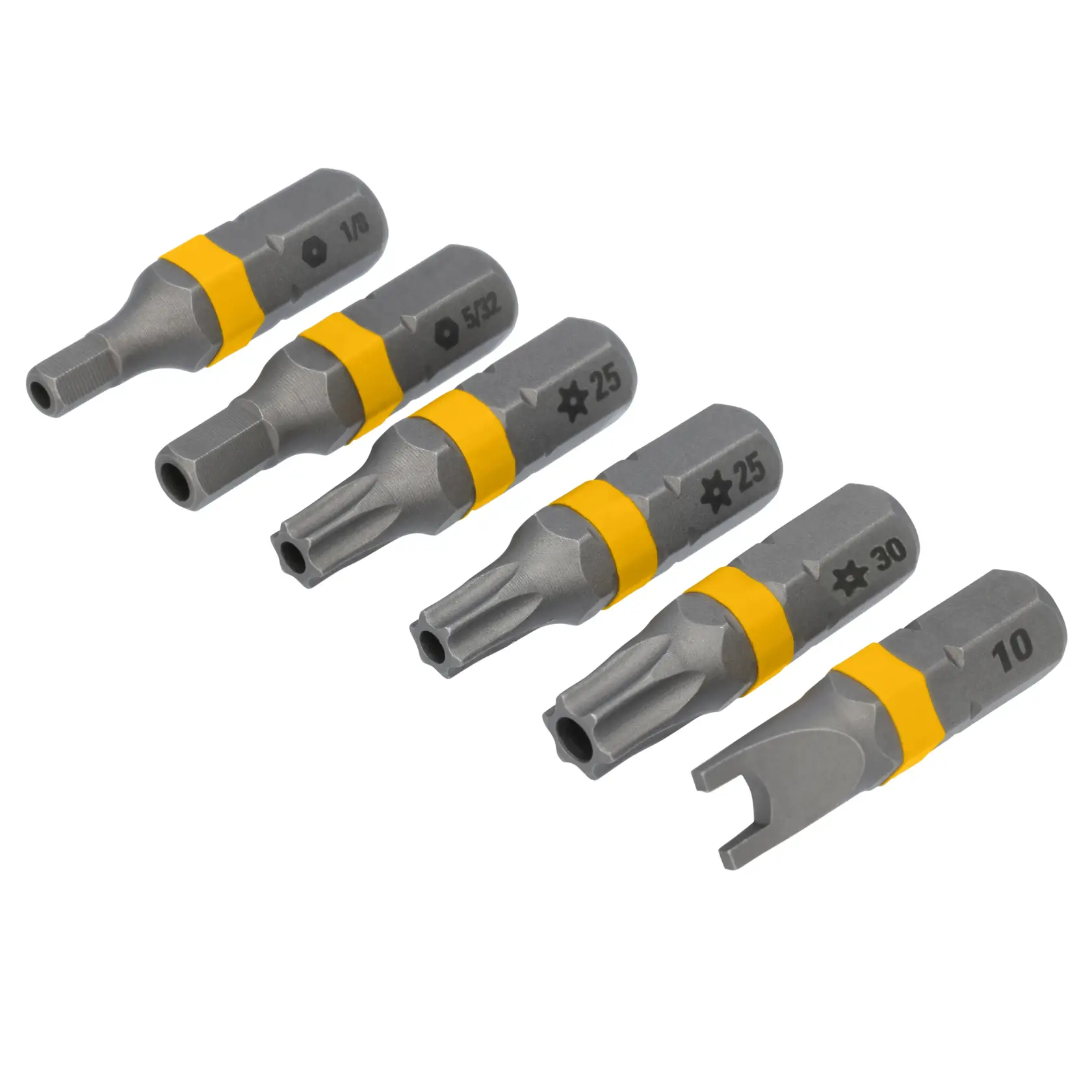 Set of six DEWALT specialty screwdriver bits with yellow bands, each uniquely shaped and labeled with sizes including 1/8, 5/32, 25, 30, and 10. Bits are displayed on a white background.