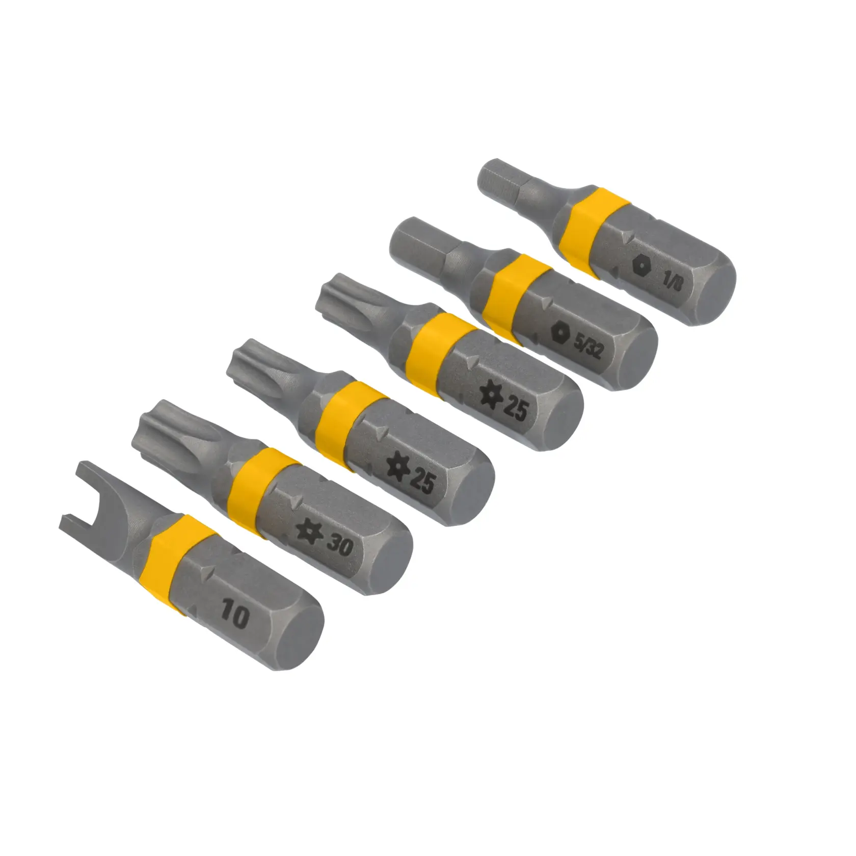 Five DEWALT screwdriver bits with different shapes and sizes, each marked with measurement labels and featuring a yellow band near the base.