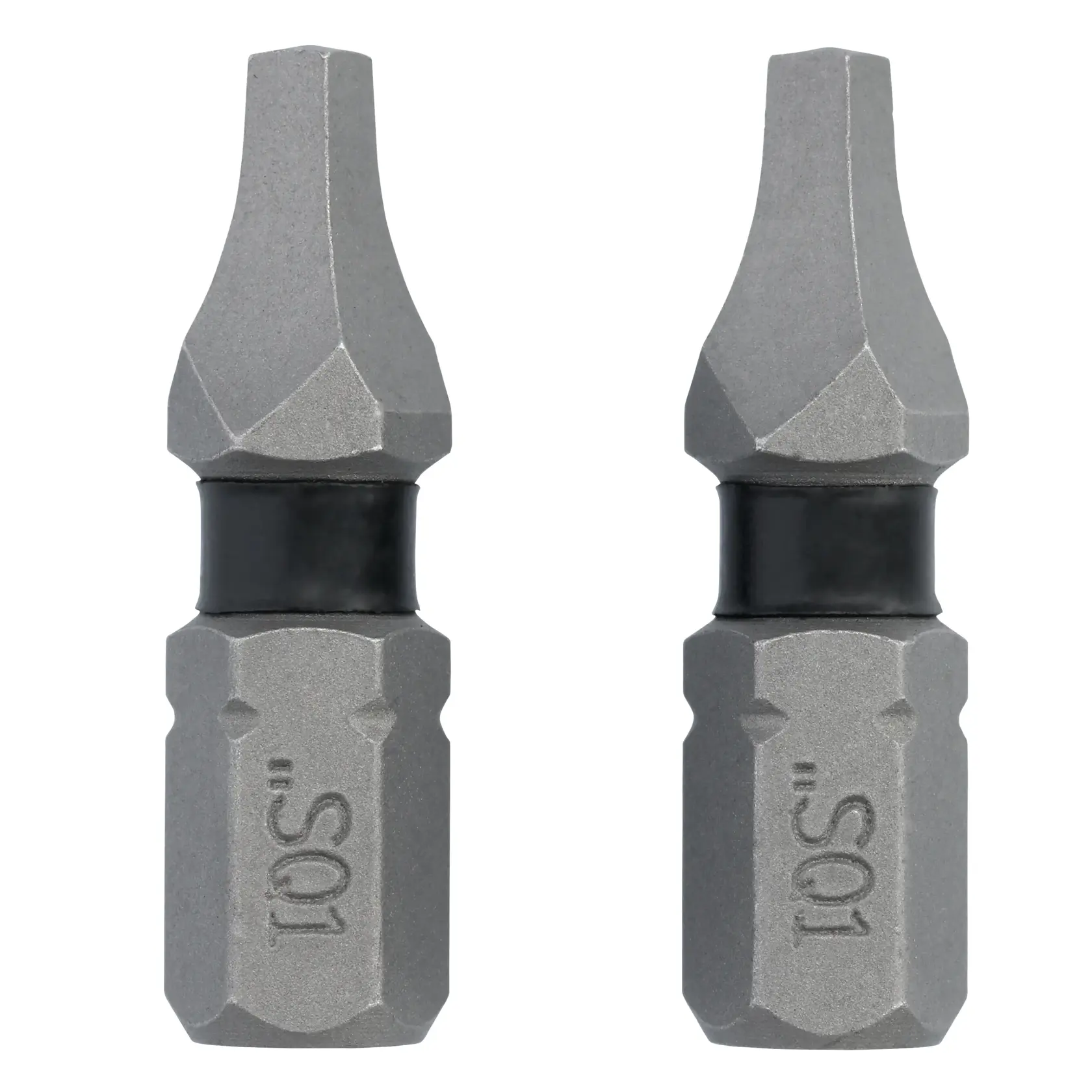 Two DEWALT S01 flathead screwdriver bits with a metallic finish and black band, shown side by side against a white background.