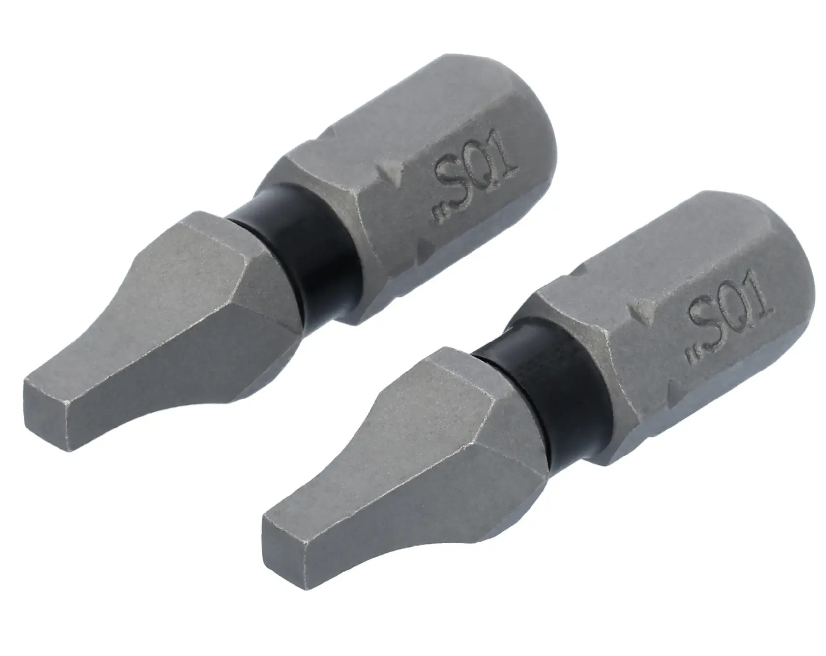 Two DEWALT S01 square screwdriver bits made of metal, shown side by side with a hexagonal shank and a square tip for use with power drills or screwdrivers.