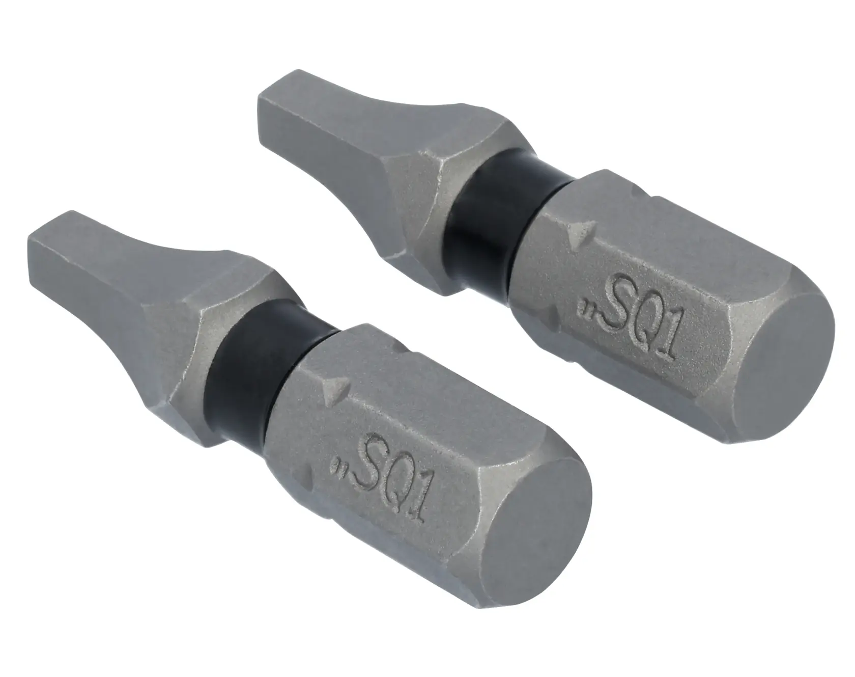 Two DEWALT SQ1 screwdriver bits are shown, made of metal with a hexagonal base and engraved 'SQ1' marking. The bits are designed for use with power tools.