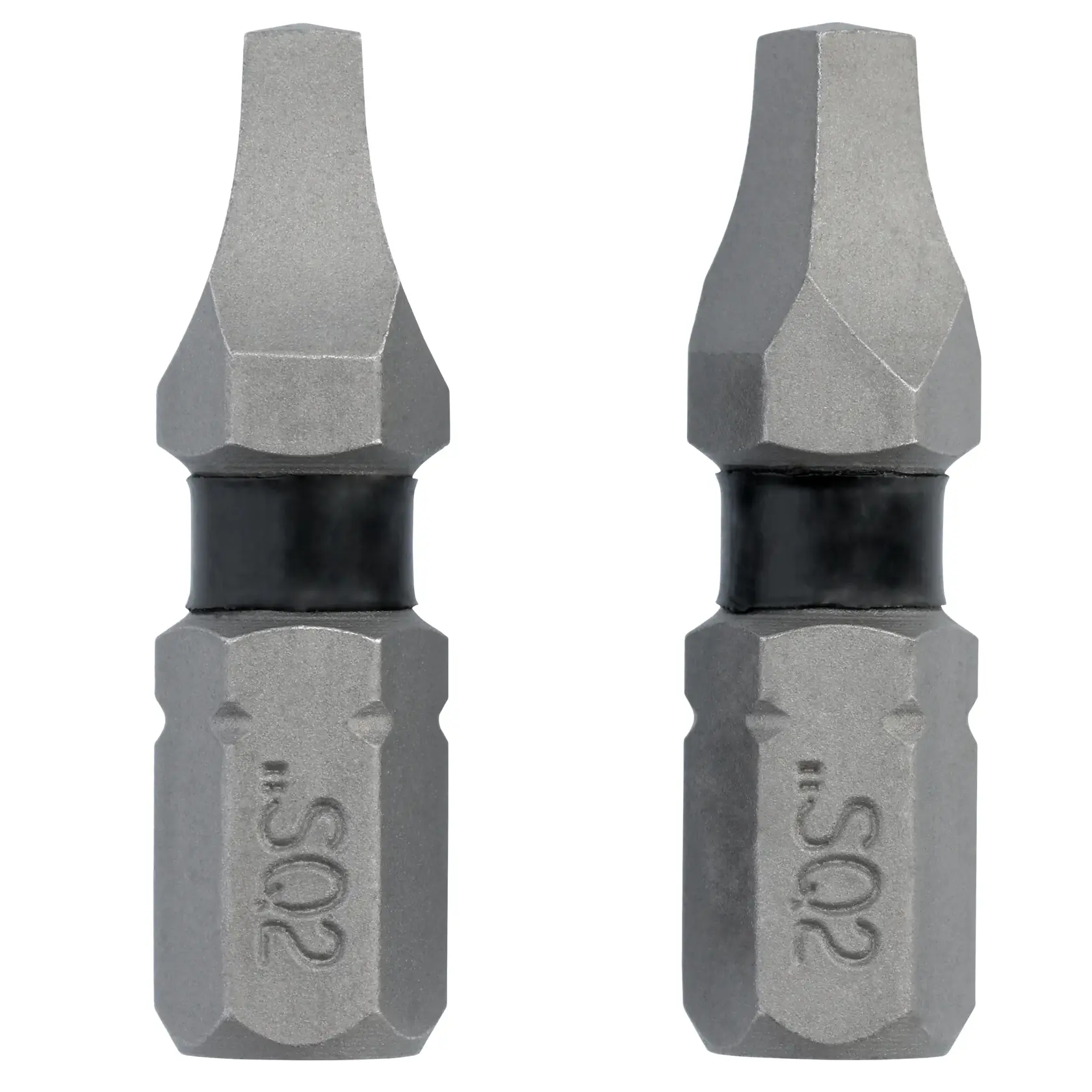 Close-up image of two DEWALT SQ2 screwdriver bits with a gray metallic finish and a black ring in the middle, shown upright and side-by-side.