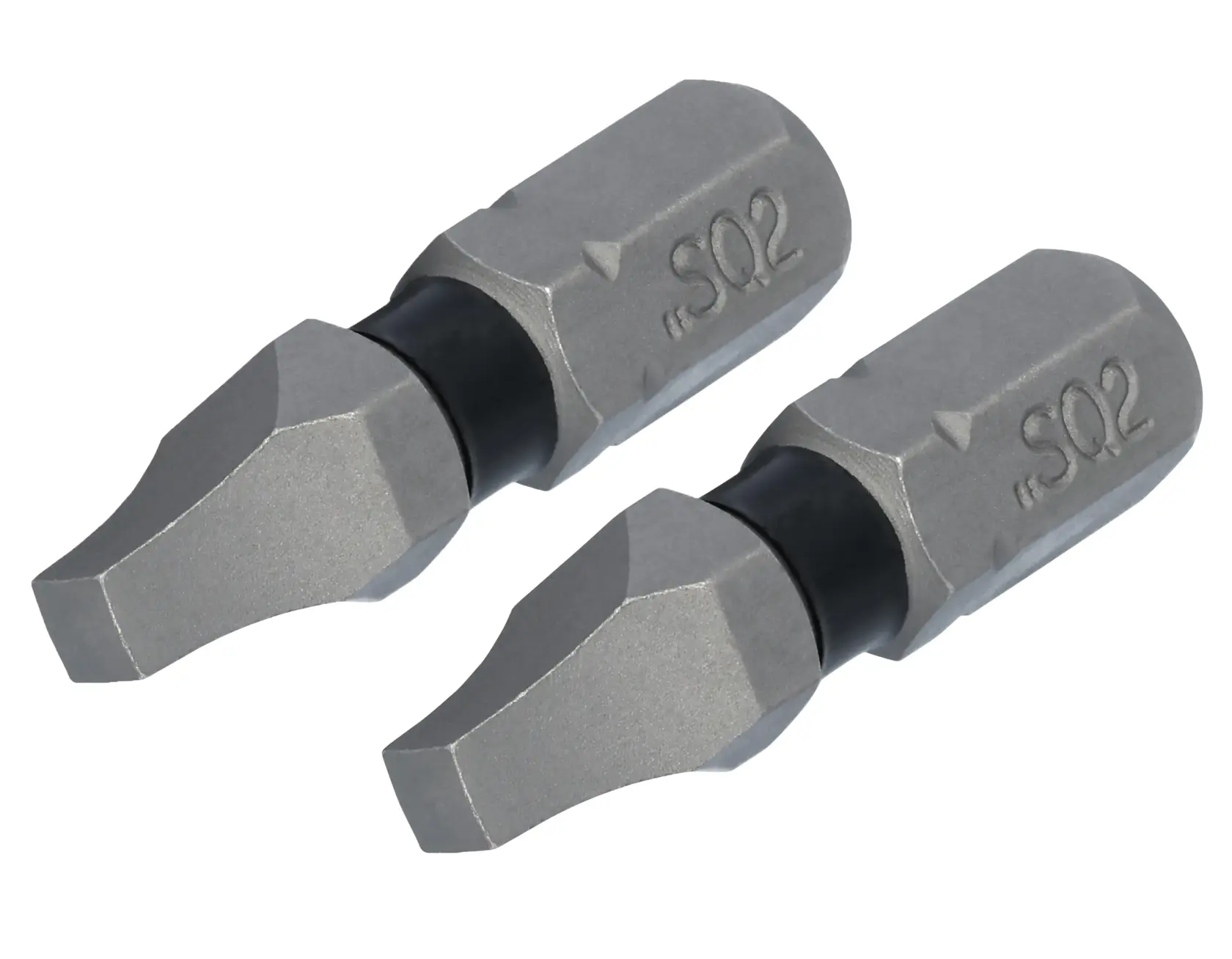 Two DEWALT SQ2 screwdriver bits are shown. The bits are silver with a black ring near the tip and the marking 'SQ2' is engraved on each bit.