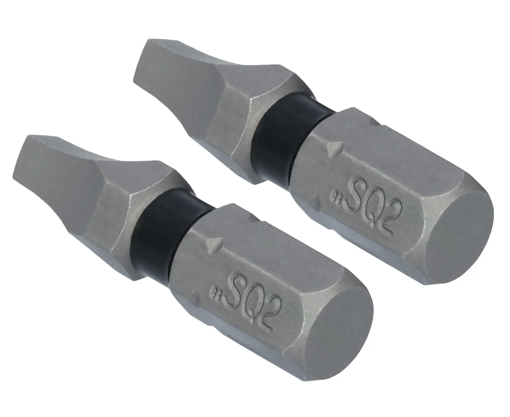 Two DEWALT SQ2 screwdriver bits with a silver finish, designed for use with power tools.